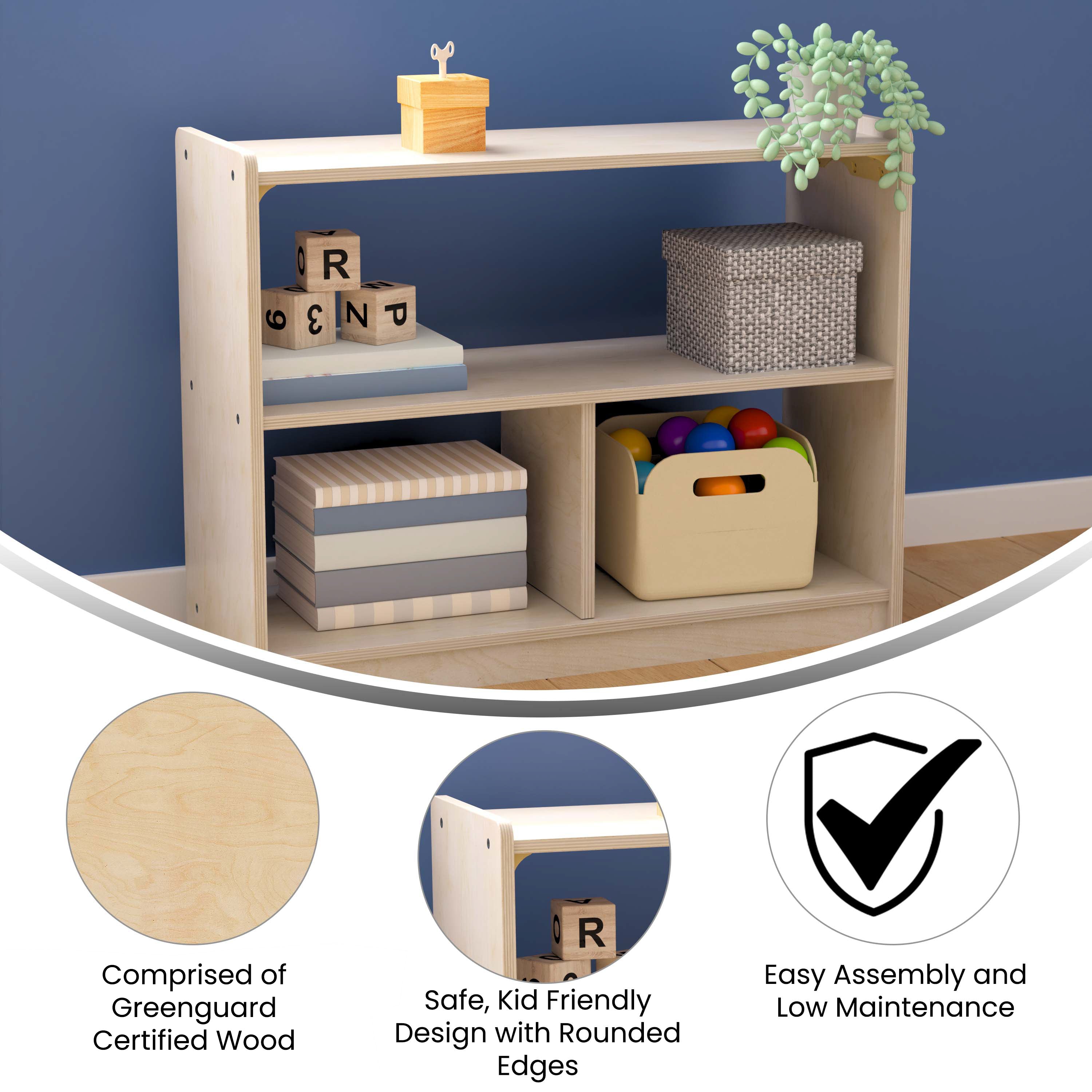 Bright Beginnings Commercial Grade 3 Section Modular Wooden Classroom Open Storage Unit, Safe, Kid Friendly Design, Natural
