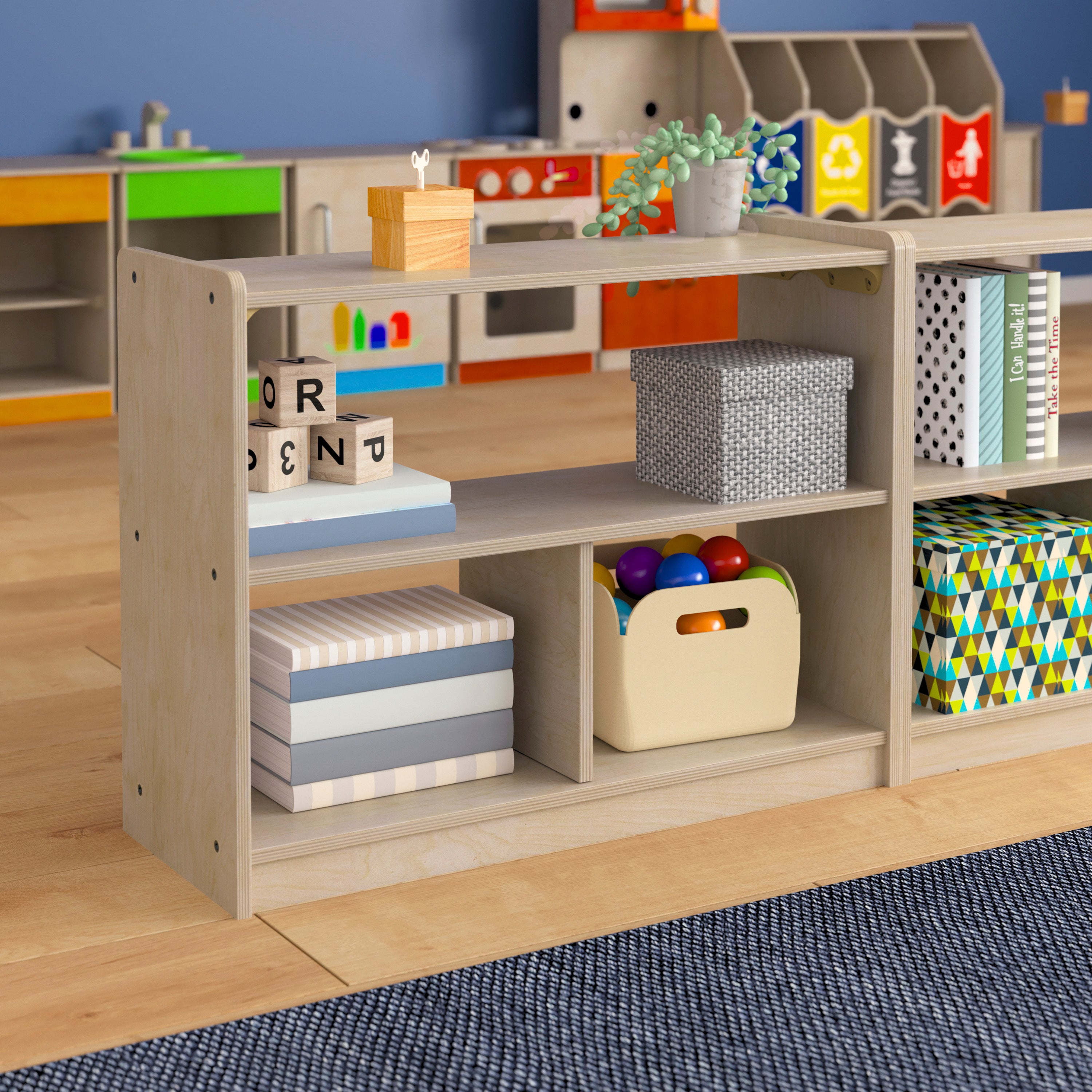Bright Beginnings Commercial Grade 3 Section Modular Wooden Classroom Open Storage Unit, Safe, Kid Friendly Design, Natural