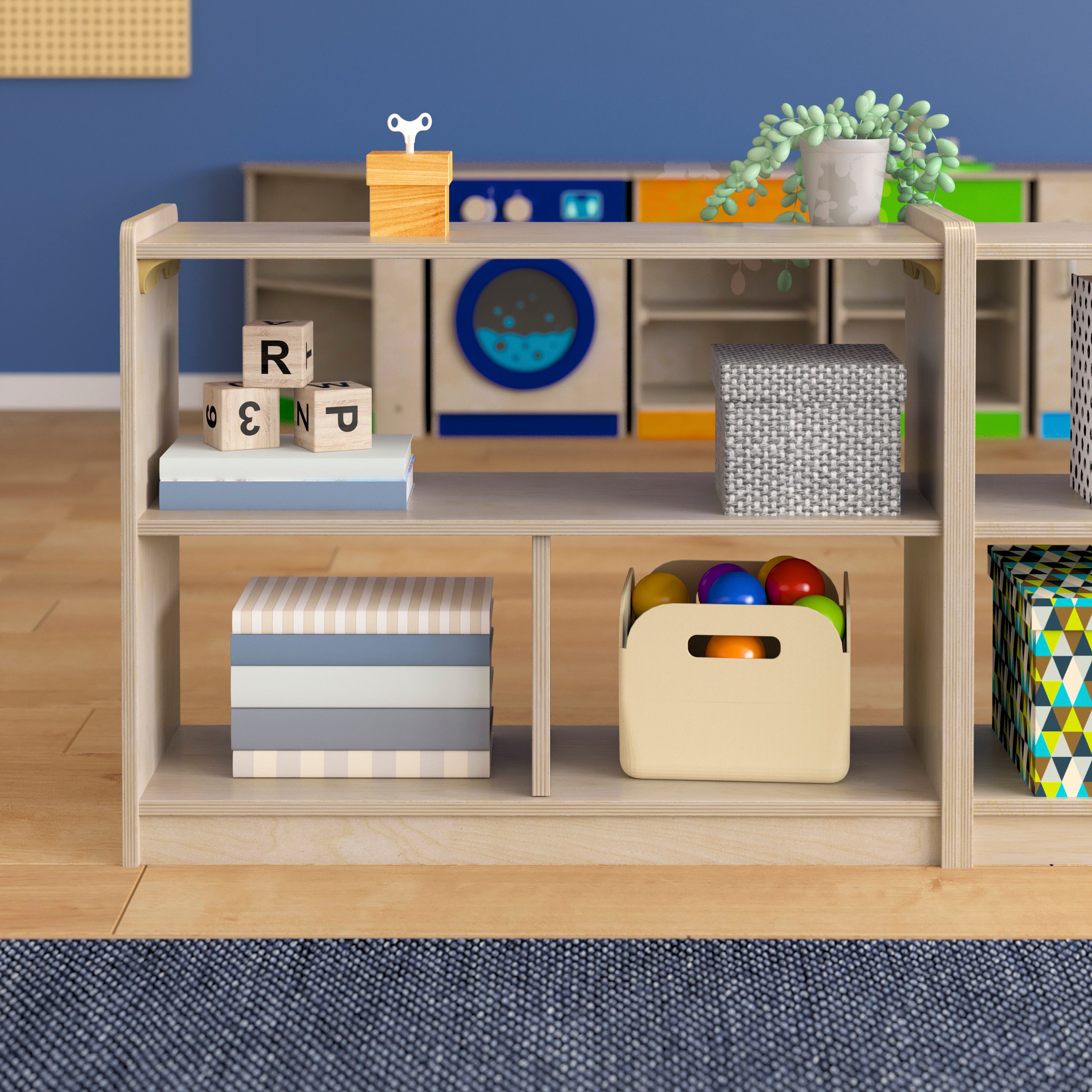 Bright Beginnings Commercial Grade 3 Section Modular Wooden Classroom Open Storage Unit, Safe, Kid Friendly Design, Natural