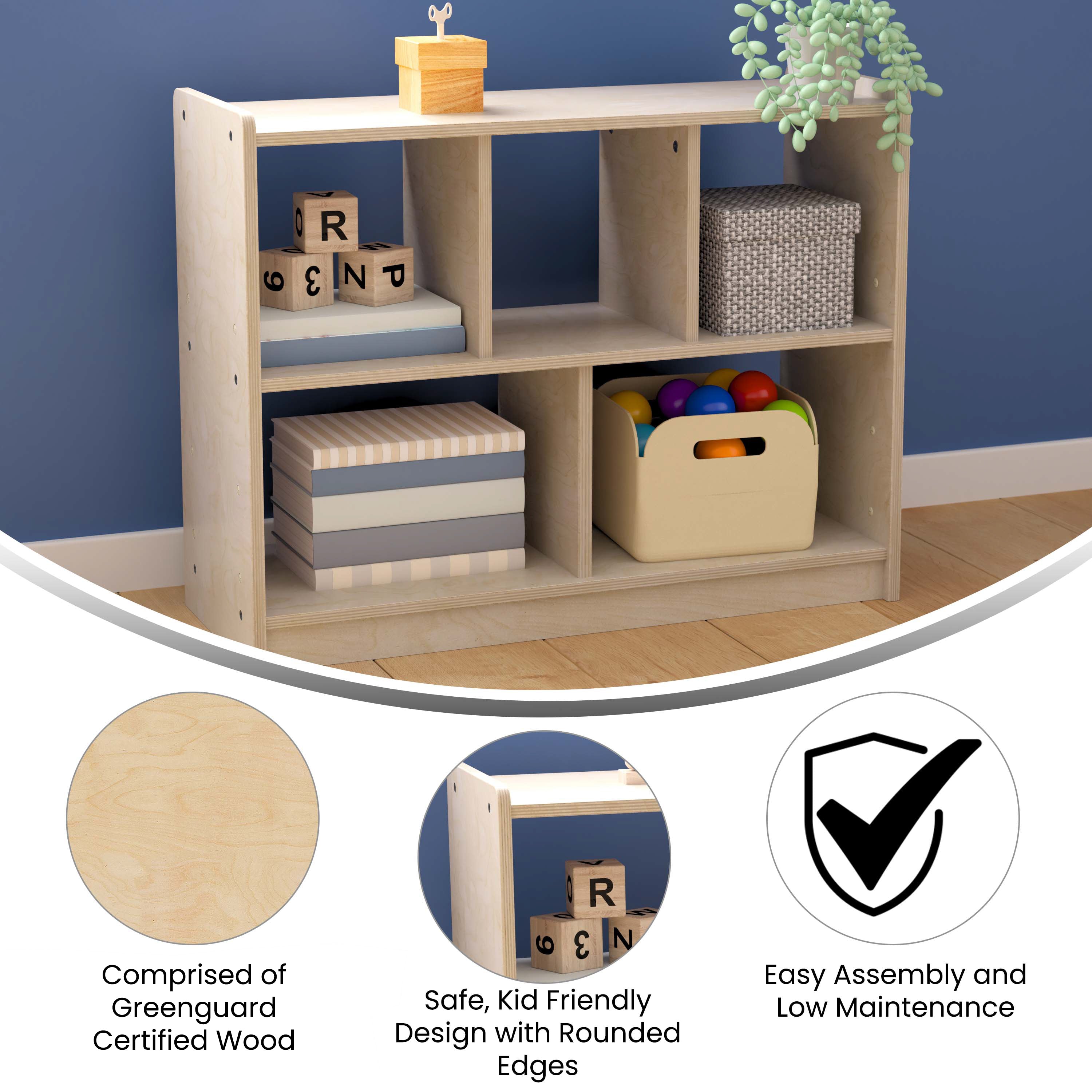 Bright Beginnings Commercial Grade 5 Section Modular Wooden Classroom Open Storage Unit, Safe, Kid Friendly Design, Natural