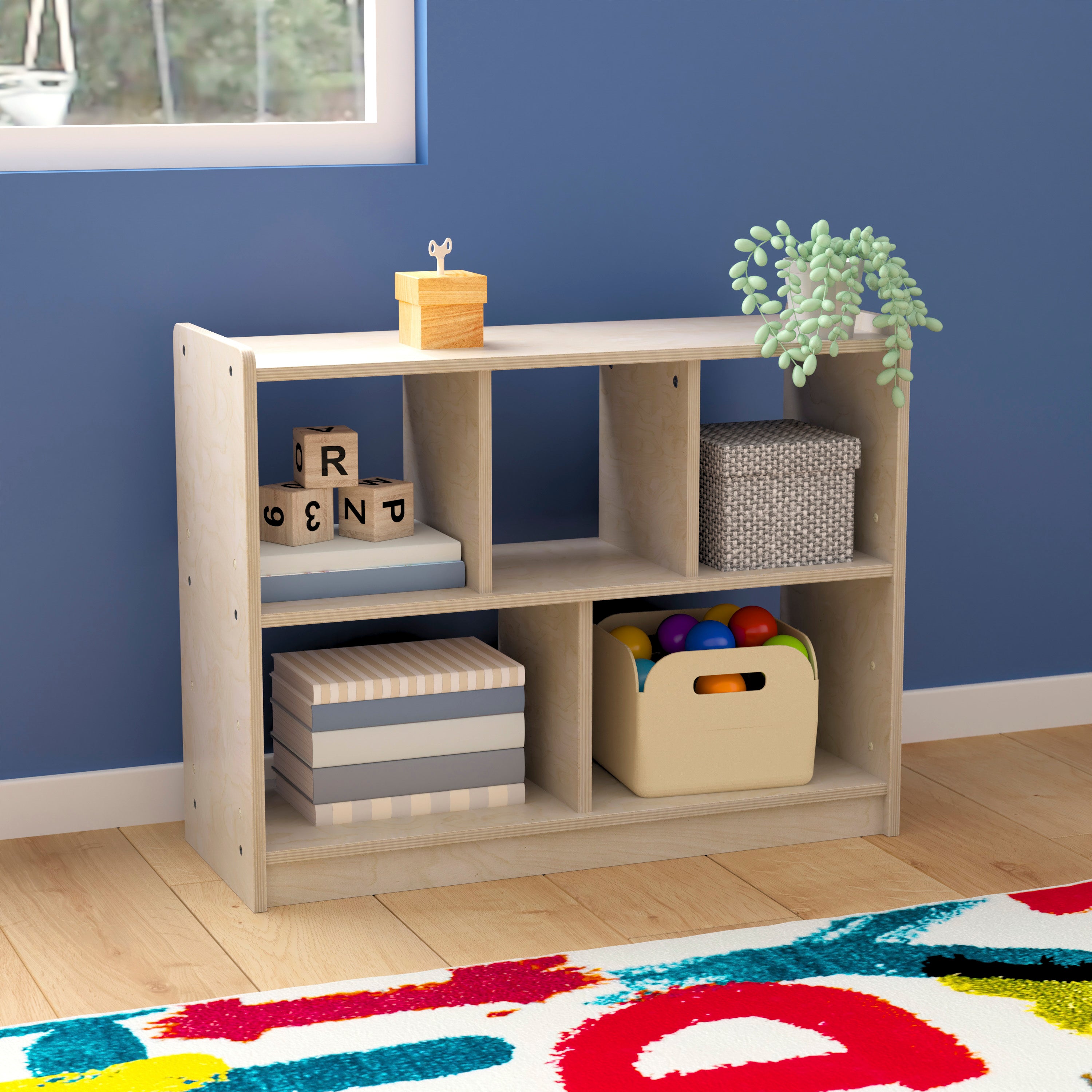 Bright Beginnings Commercial Grade 5 Section Modular Wooden Classroom Open Storage Unit, Safe, Kid Friendly Design, Natural