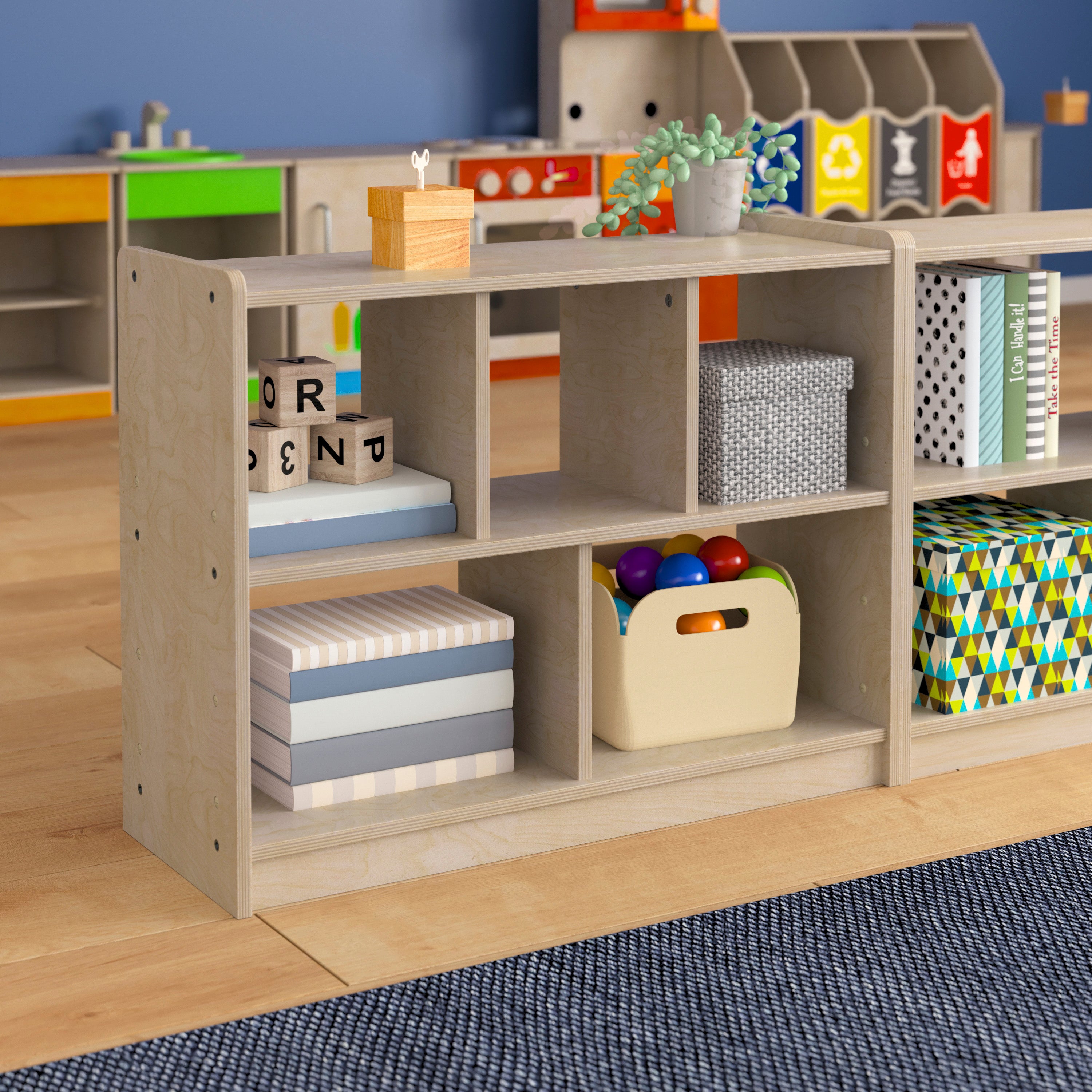 Bright Beginnings Commercial Grade 5 Section Modular Wooden Classroom Open Storage Unit, Safe, Kid Friendly Design, Natural