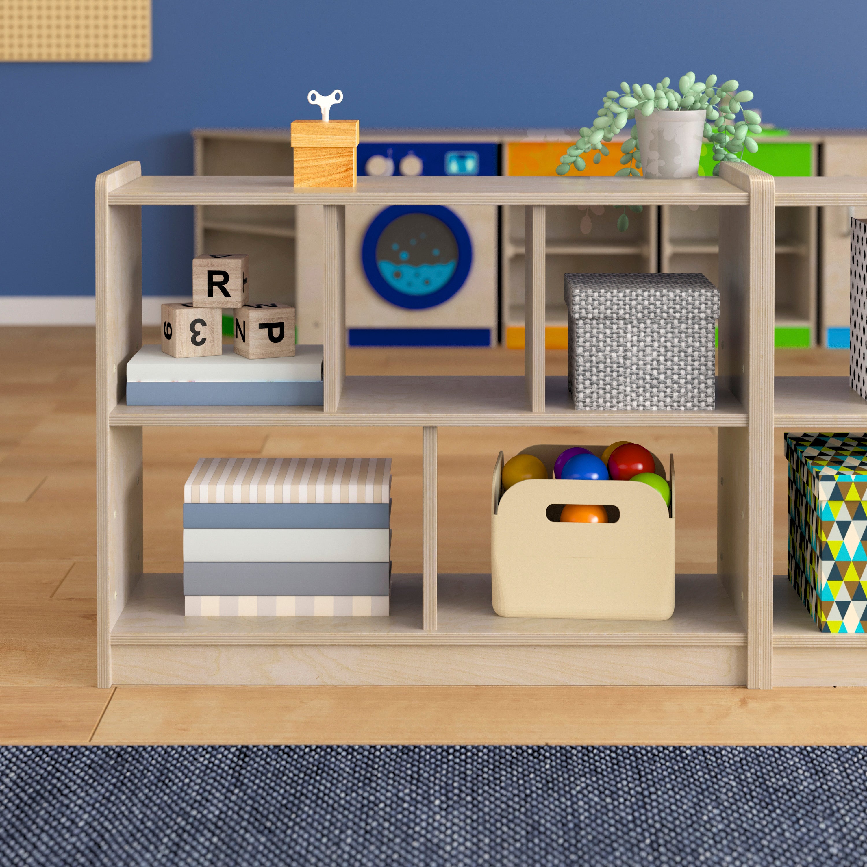 Bright Beginnings Commercial Grade 5 Section Modular Wooden Classroom Open Storage Unit, Safe, Kid Friendly Design, Natural