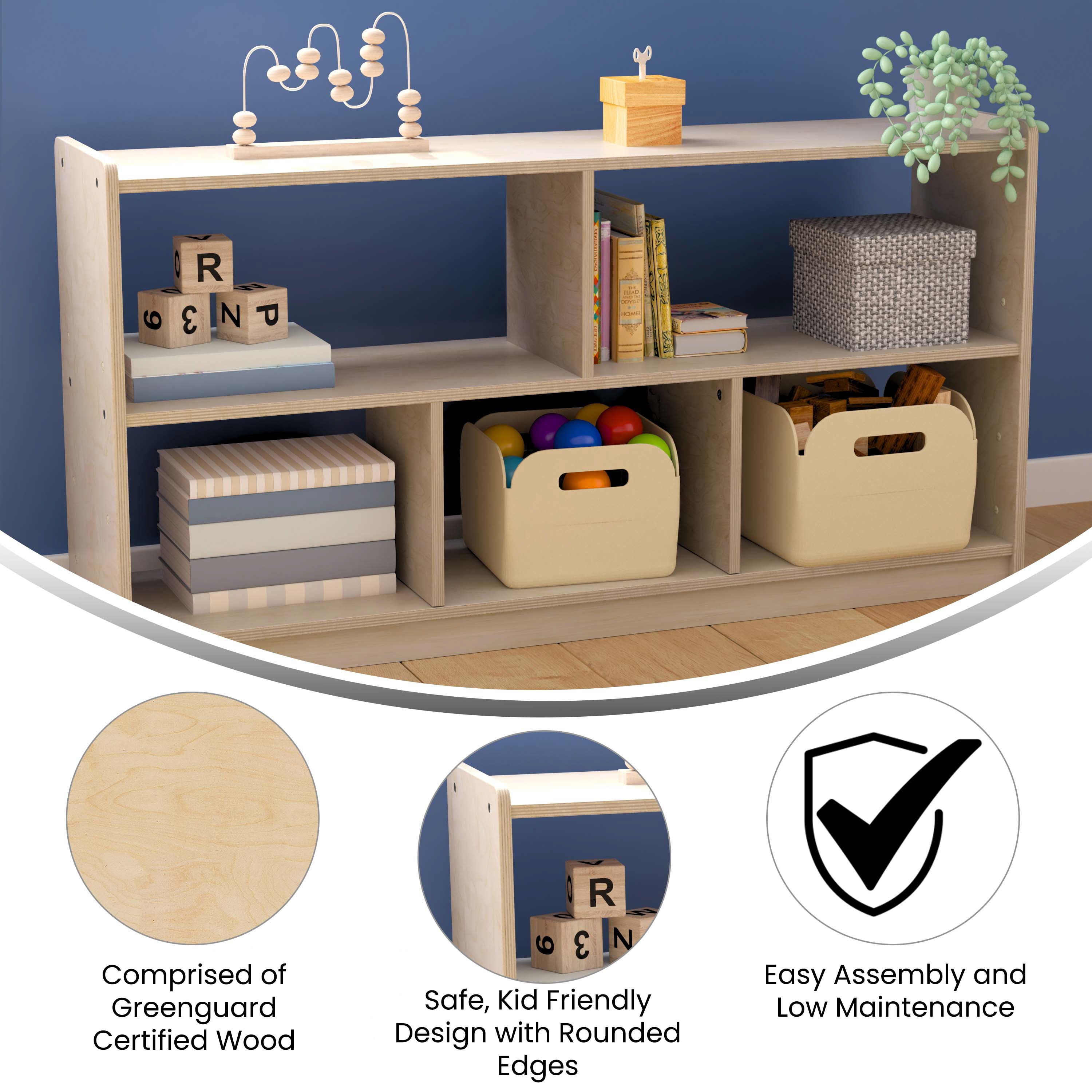 Bright Beginnings Commercial Grade Extra Wide 5 Section Modular Wooden Classroom Open Storage Unit, Safe, Kid Friendly Design, Natural