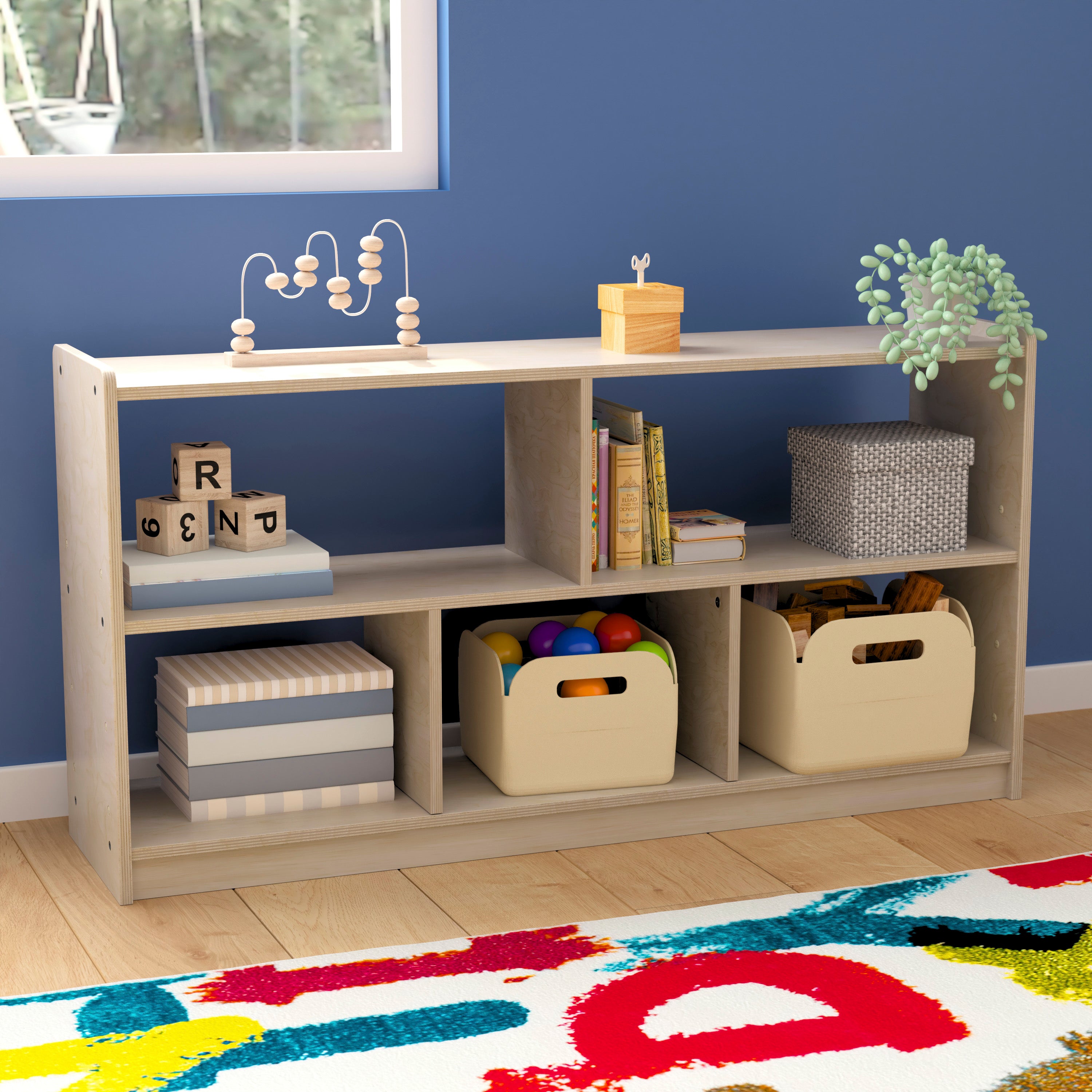 Bright Beginnings Commercial Grade Extra Wide 5 Section Modular Wooden Classroom Open Storage Unit, Safe, Kid Friendly Design, Natural