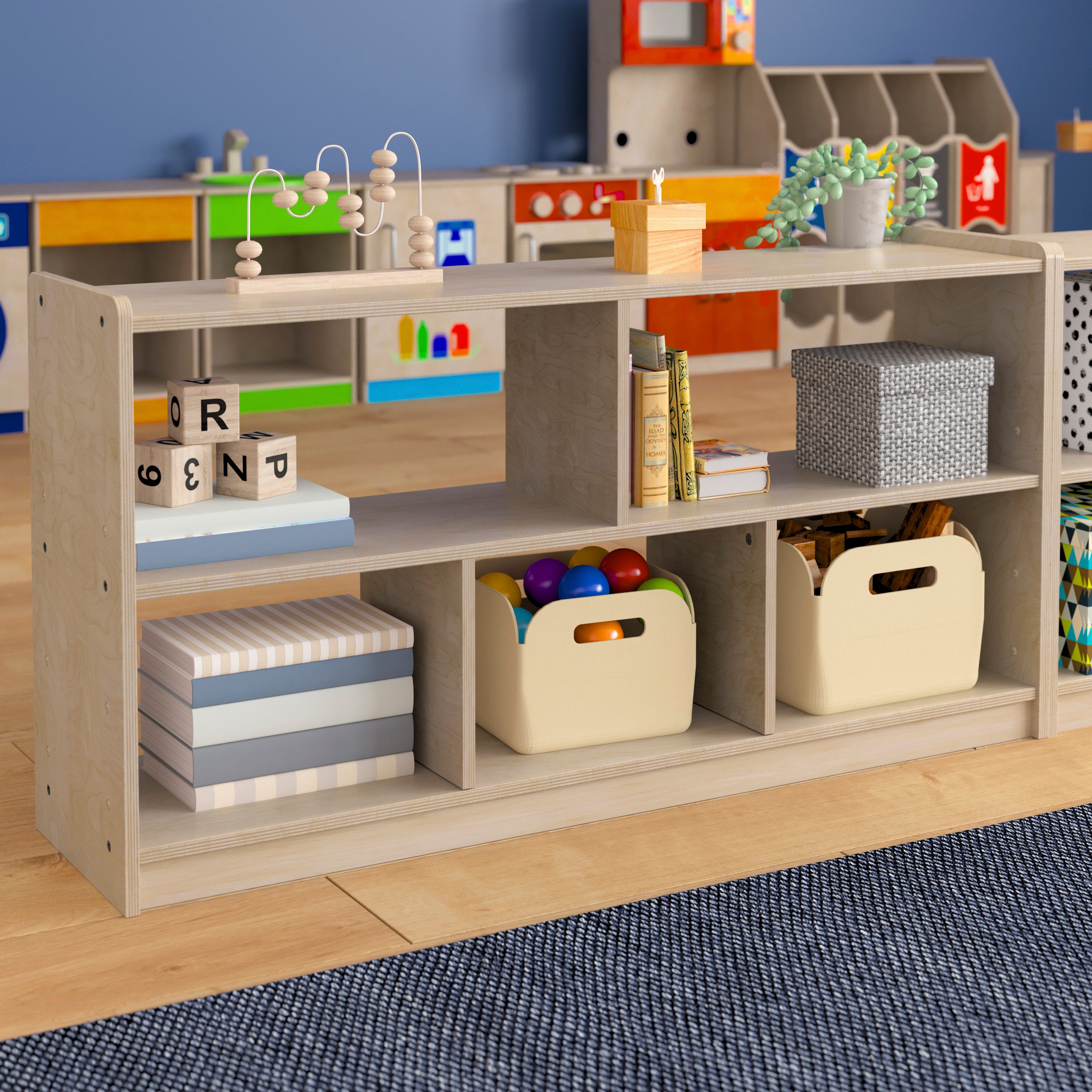 Bright Beginnings Commercial Grade Extra Wide 5 Section Modular Wooden Classroom Open Storage Unit, Safe, Kid Friendly Design, Natural