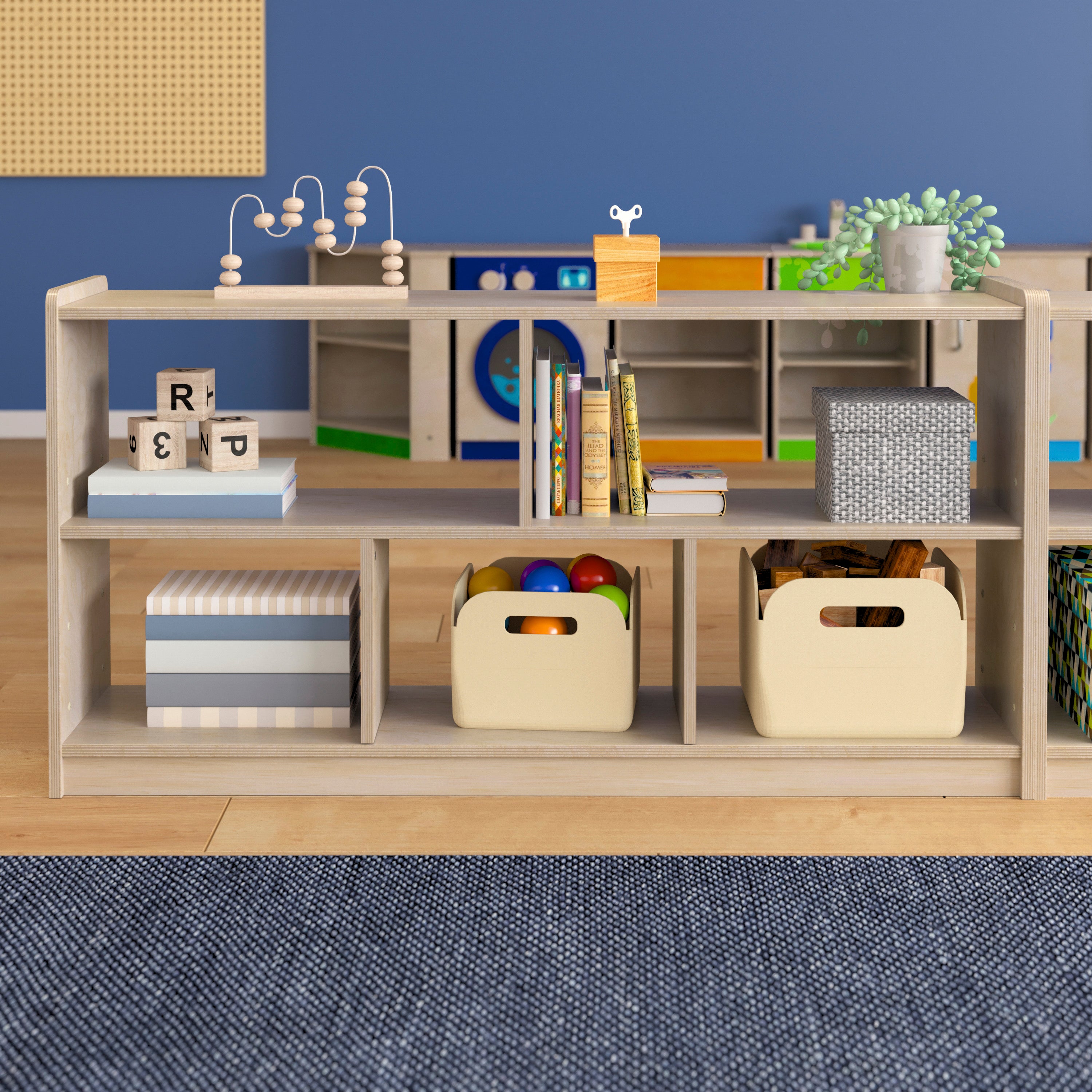 Bright Beginnings Commercial Grade Extra Wide 5 Section Modular Wooden Classroom Open Storage Unit, Safe, Kid Friendly Design, Natural