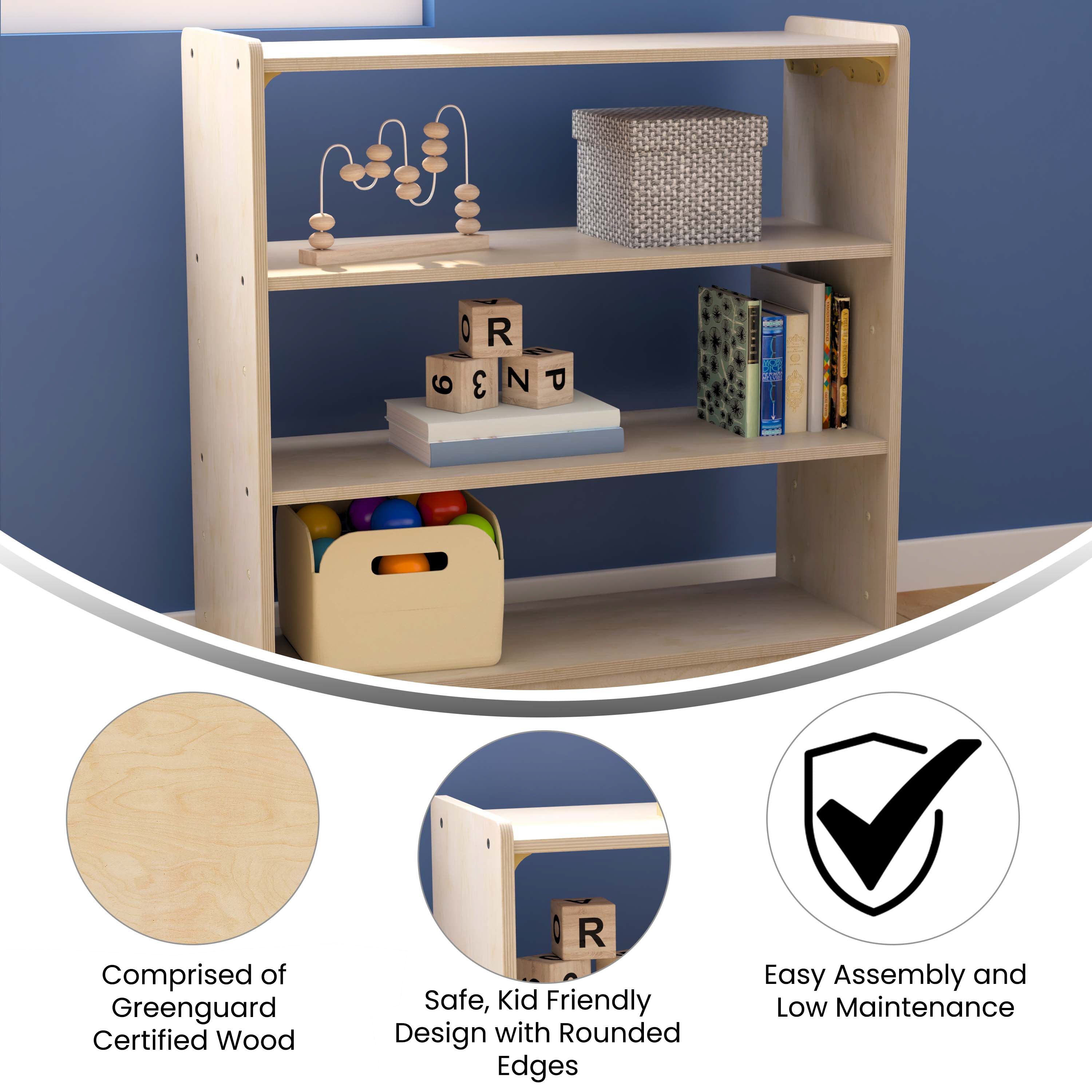 Bright Beginnings Commercial Grade 3 Shelf Wooden Classroom Open Storage Unit, Safe, Kid Friendly Design, Natural