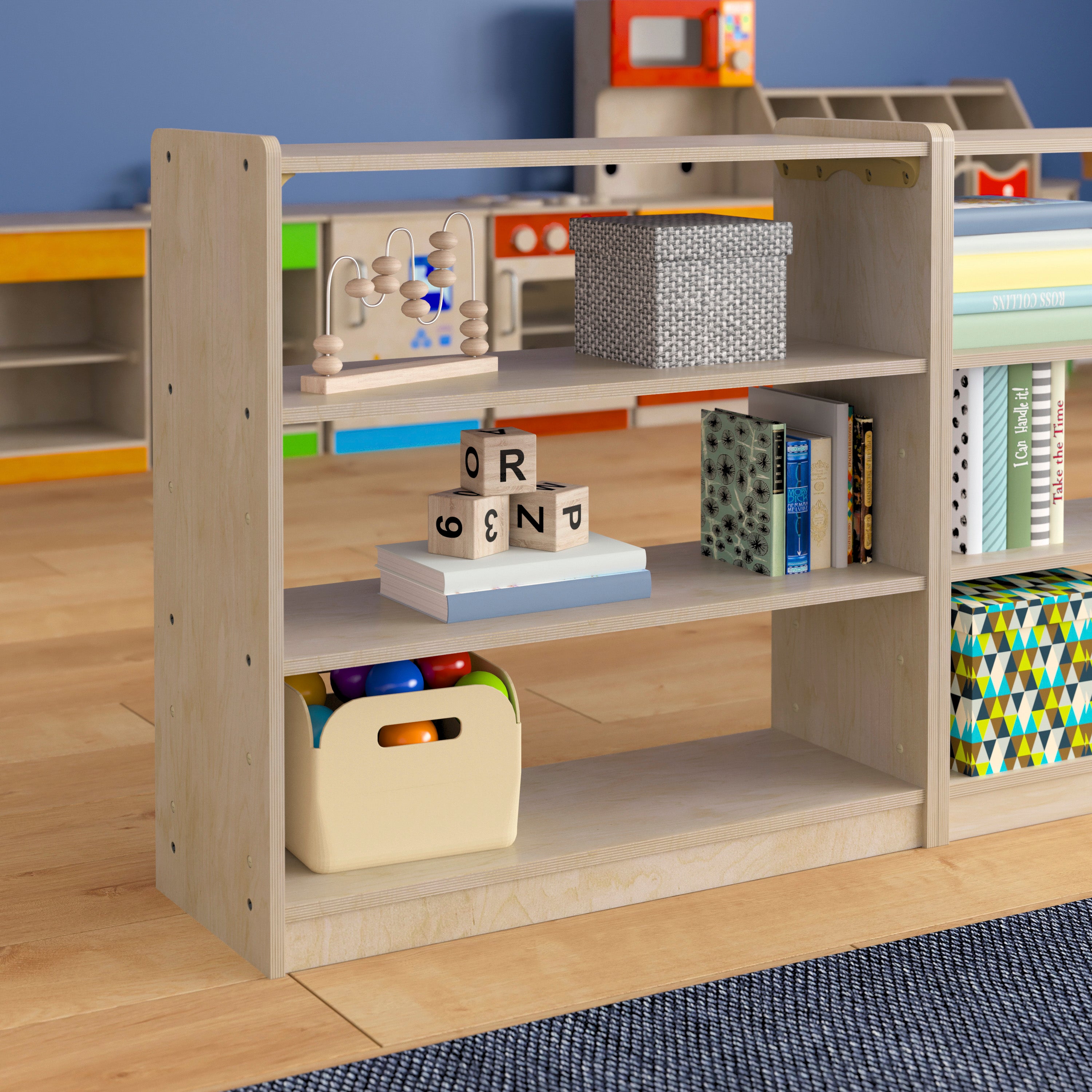 Bright Beginnings Commercial Grade 3 Shelf Wooden Classroom Open Storage Unit, Safe, Kid Friendly Design, Natural