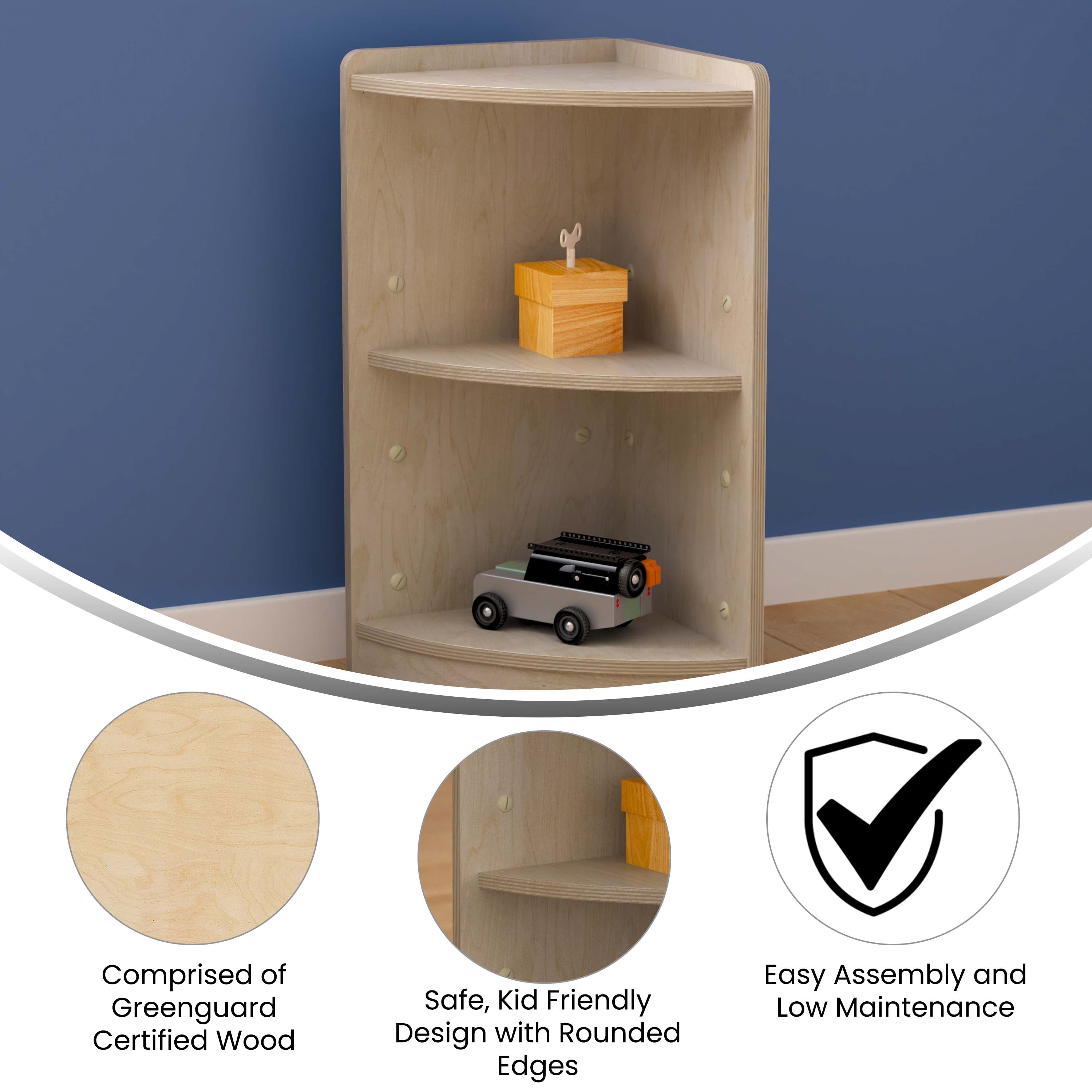Bright Beginnings Commercial Grade 2 Tier Wooden Classroom Corner Storage Unit with Rounded Front Edges, Safe, Kid Friendly Design, Natural