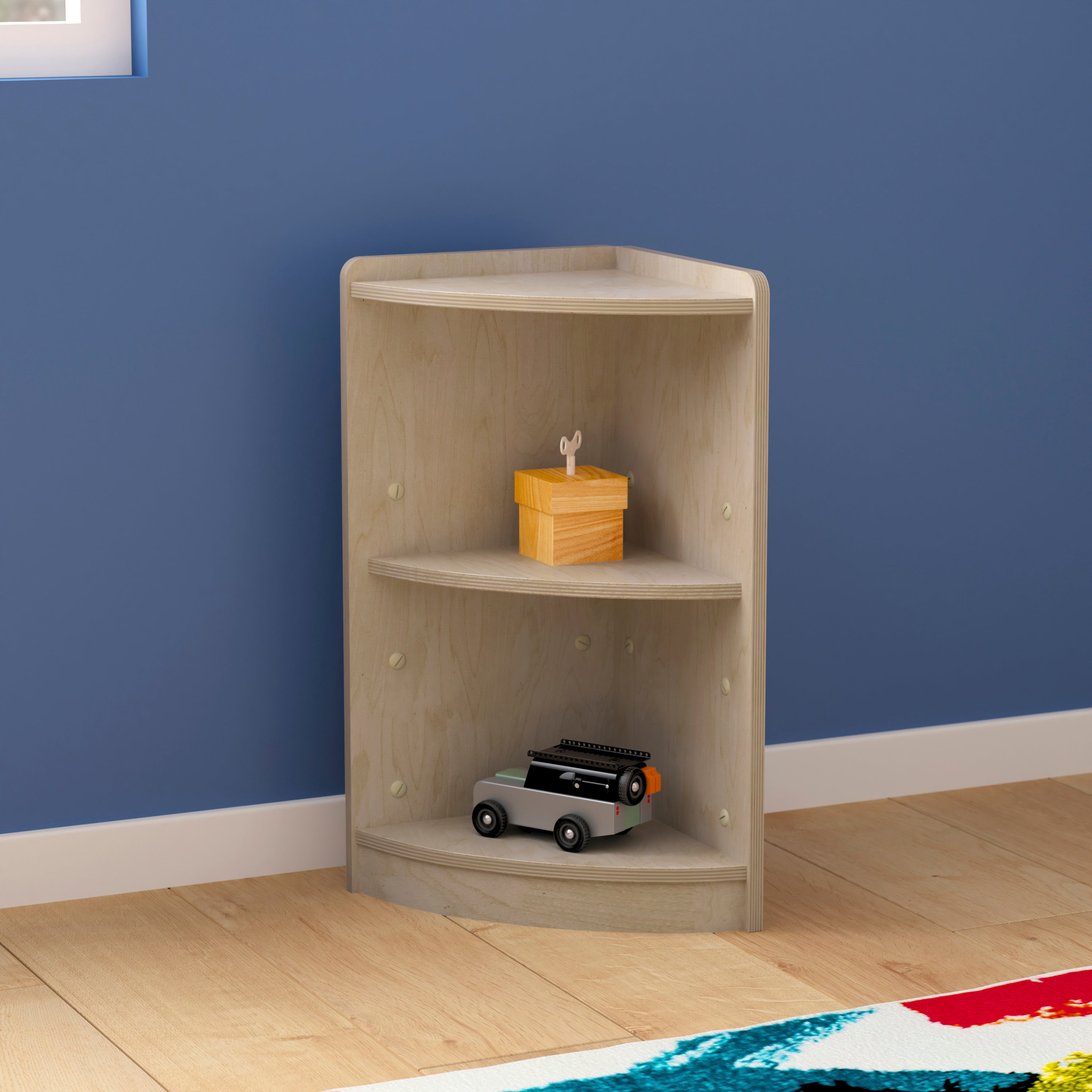 Bright Beginnings Commercial Grade 2 Tier Wooden Classroom Corner Storage Unit with Rounded Front Edges, Safe, Kid Friendly Design, Natural