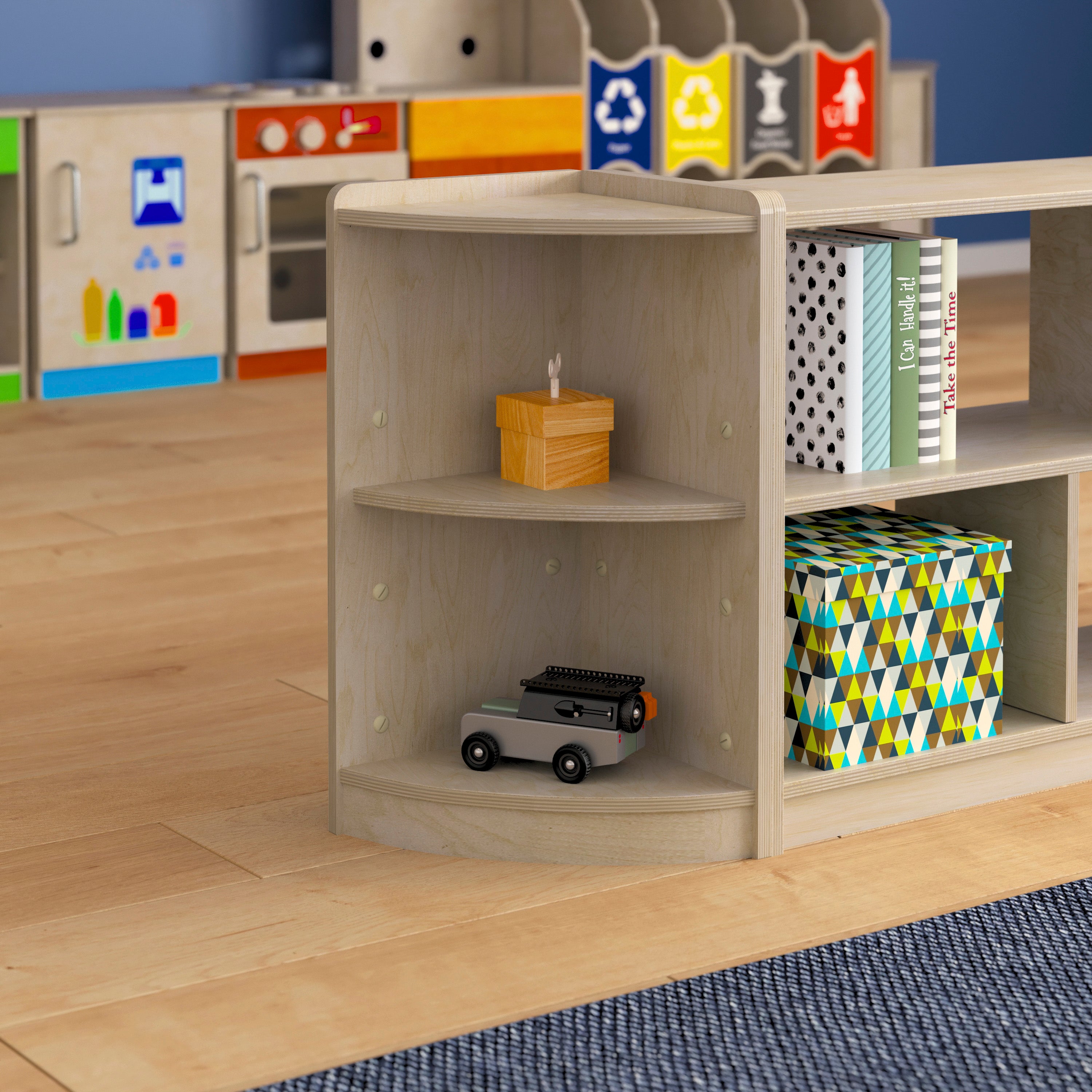 Bright Beginnings Commercial Grade 2 Tier Wooden Classroom Corner Storage Unit with Rounded Front Edges, Safe, Kid Friendly Design, Natural