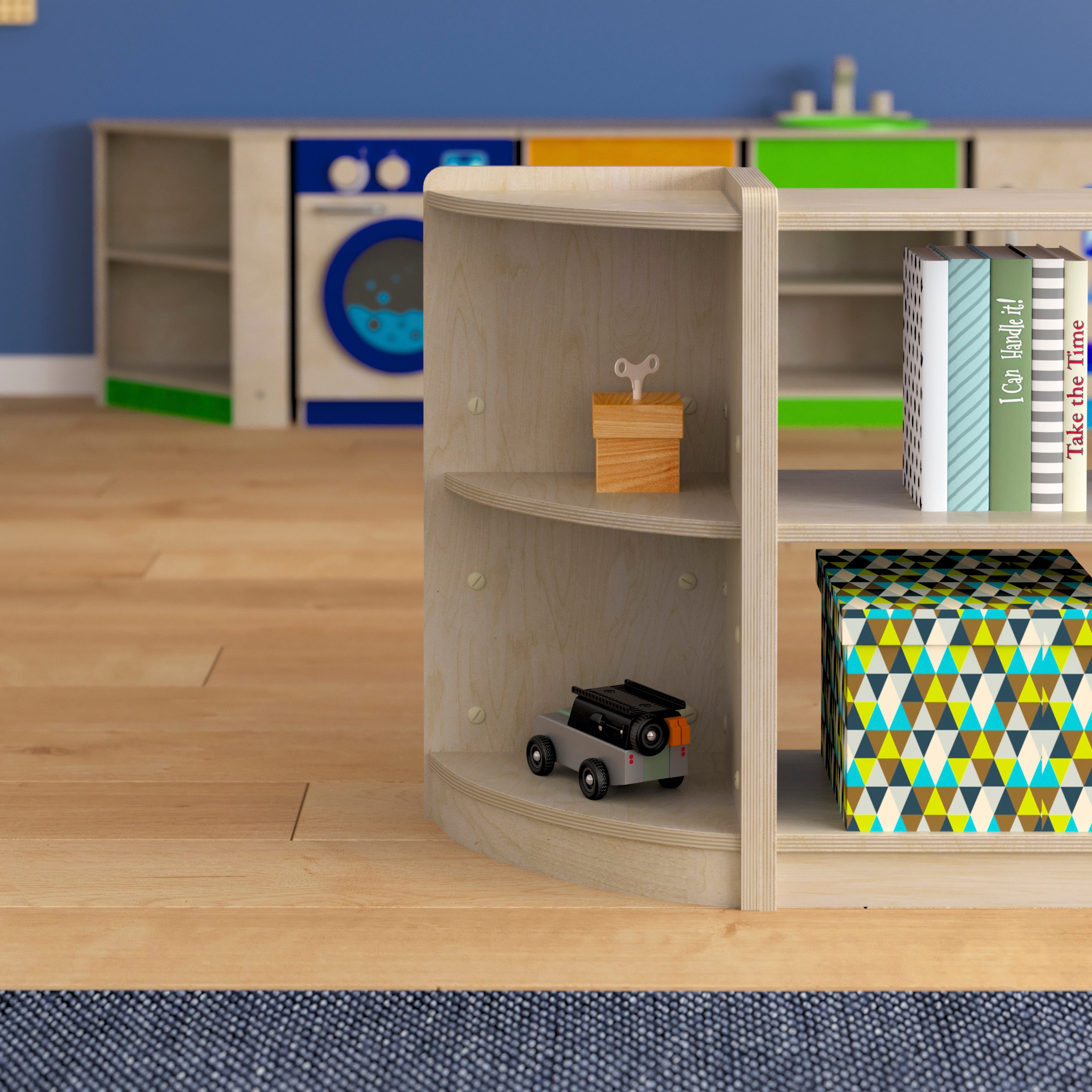 Bright Beginnings Commercial Grade 2 Tier Wooden Classroom Corner Storage Unit with Rounded Front Edges, Safe, Kid Friendly Design, Natural