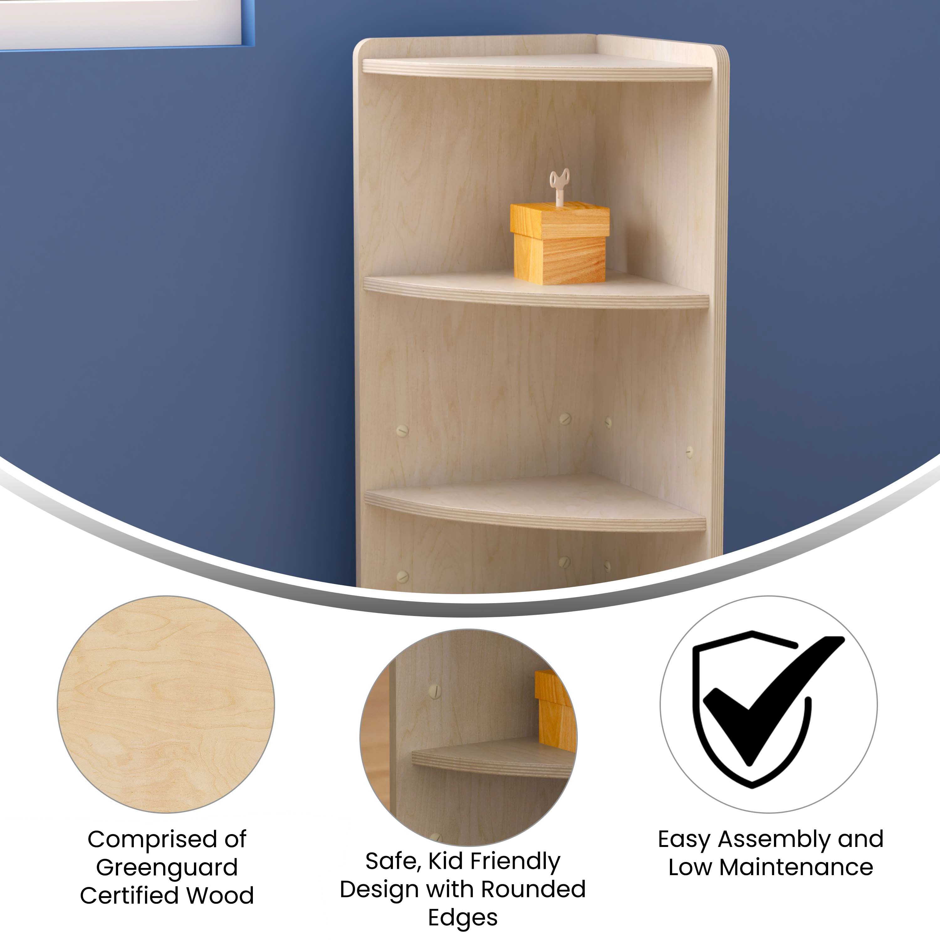Bright Beginnings Commercial Grade 3 Tier Wooden Classroom Corner Storage Unit with Rounded Front Edges, Safe, Kid Friendly Design, Natural