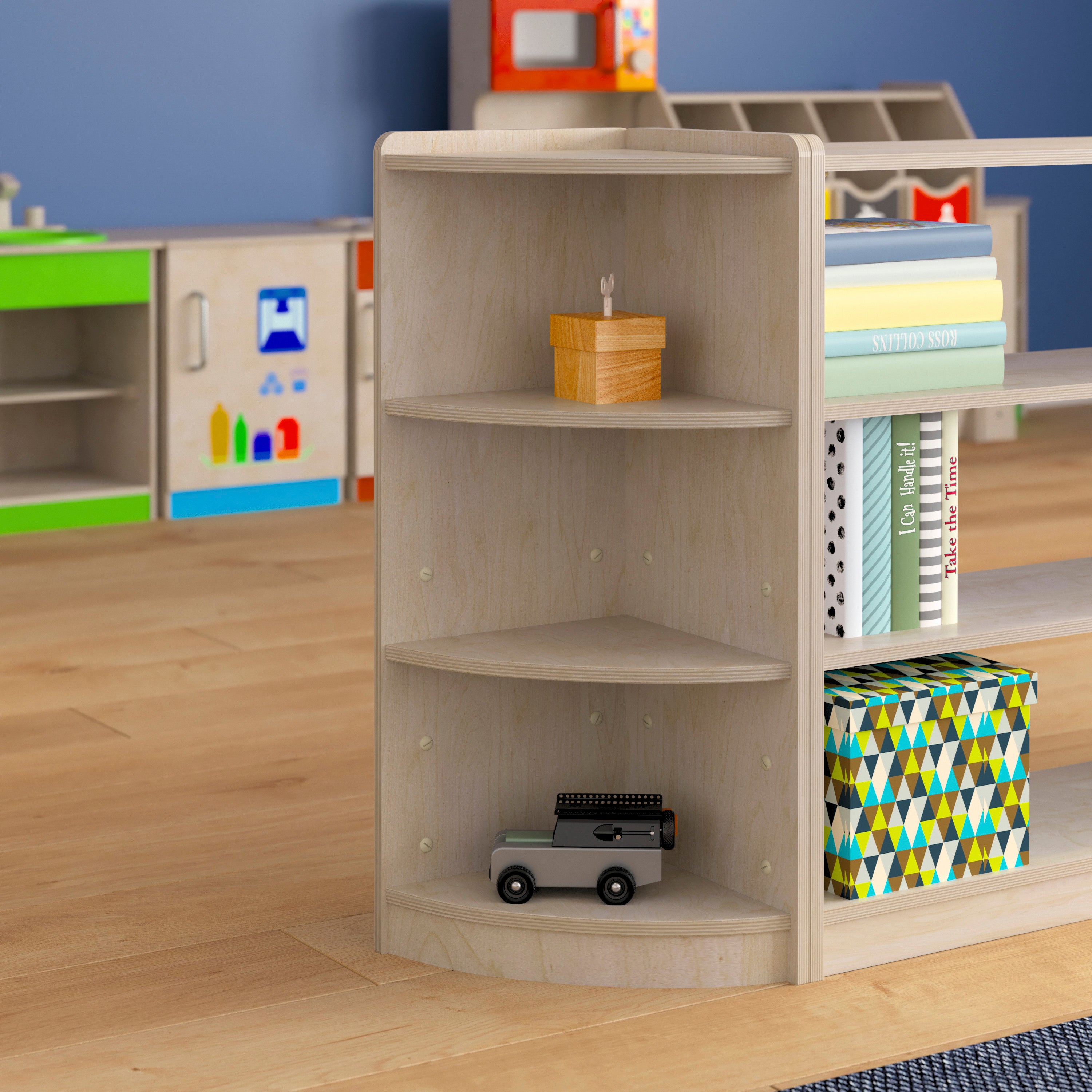 Bright Beginnings Commercial Grade 3 Tier Wooden Classroom Corner Storage Unit with Rounded Front Edges, Safe, Kid Friendly Design, Natural