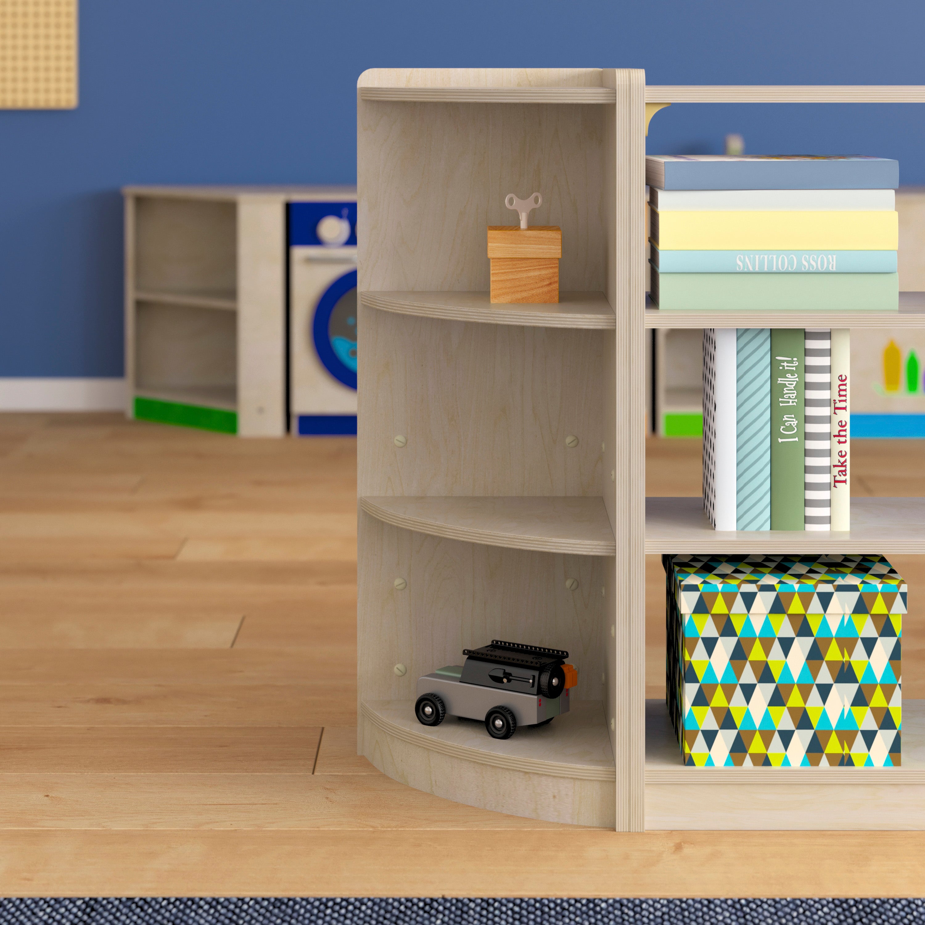 Bright Beginnings Commercial Grade 3 Tier Wooden Classroom Corner Storage Unit with Rounded Front Edges, Safe, Kid Friendly Design, Natural