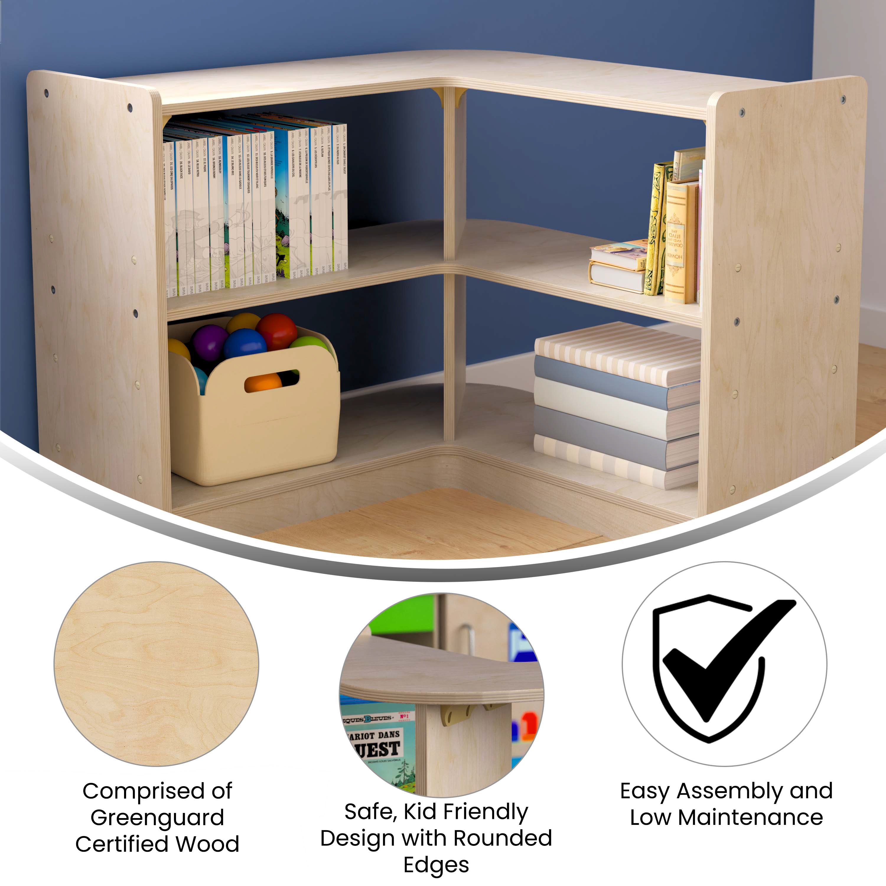 Bright Beginnings Commercial Grade 2 Tier Wooden Classroom Open Corner Storage Unit, Safe, Kid Friendly Design, Natural