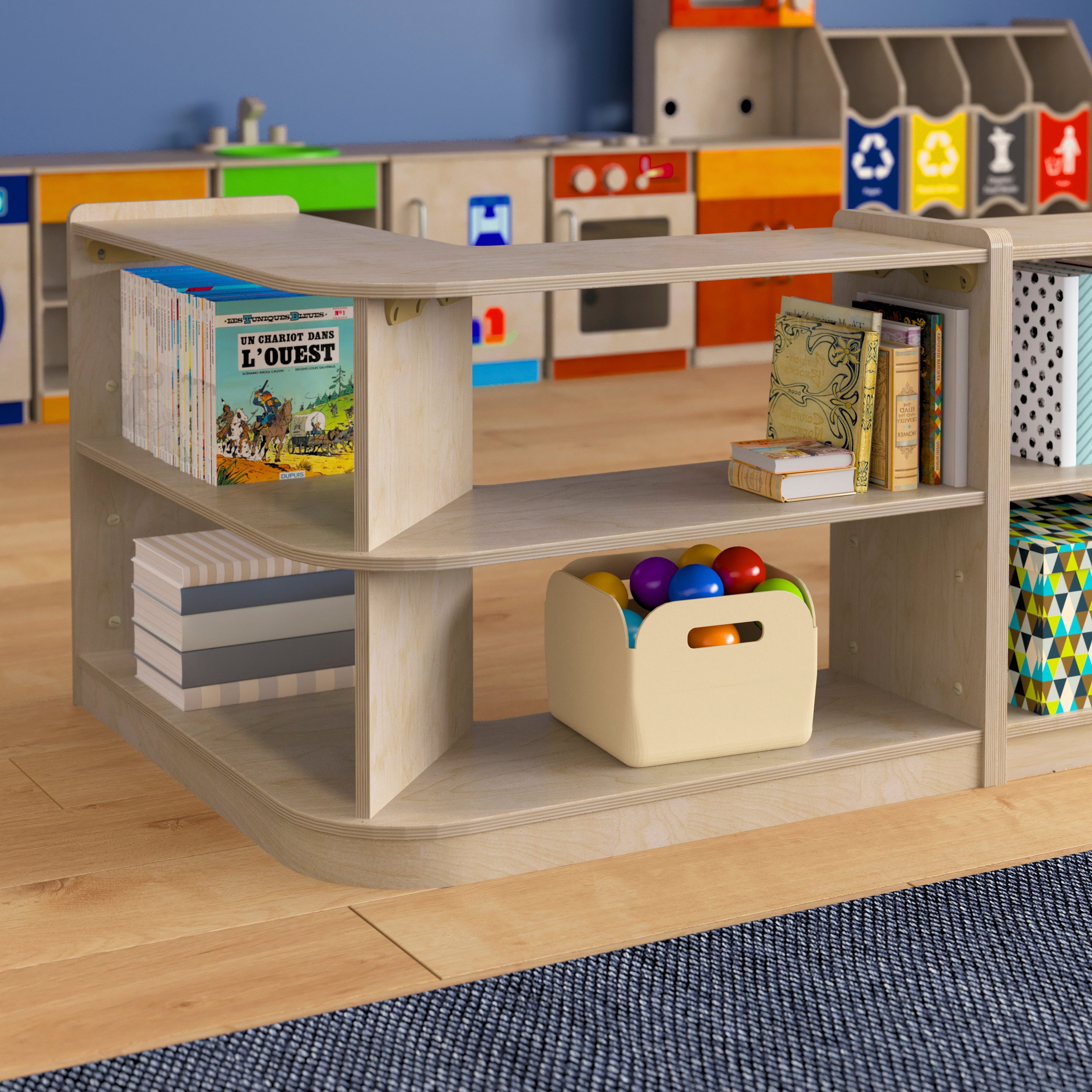 Bright Beginnings Commercial Grade 2 Tier Wooden Classroom Open Corner Storage Unit, Safe, Kid Friendly Design, Natural