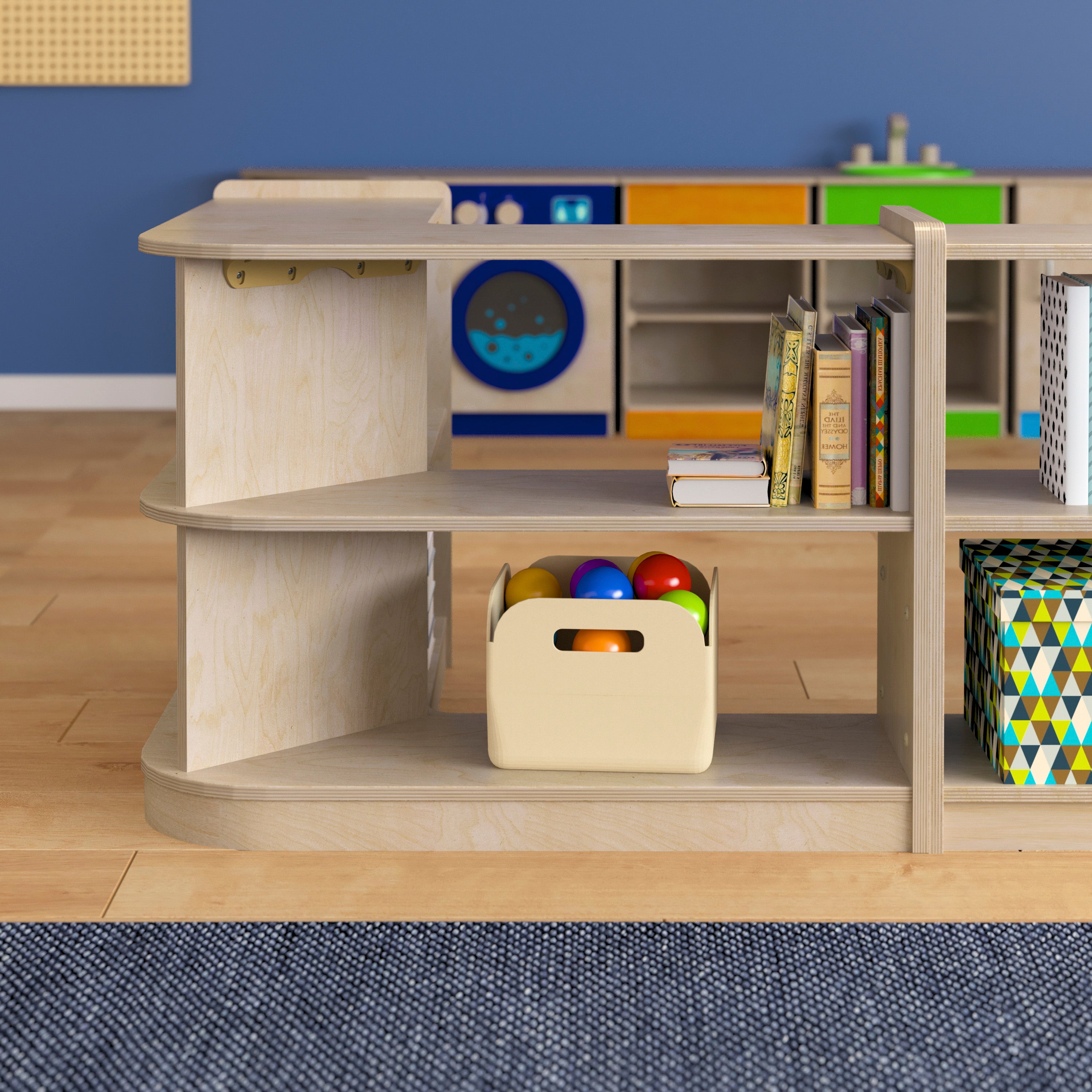 Bright Beginnings Commercial Grade 2 Tier Wooden Classroom Open Corner Storage Unit, Safe, Kid Friendly Design, Natural