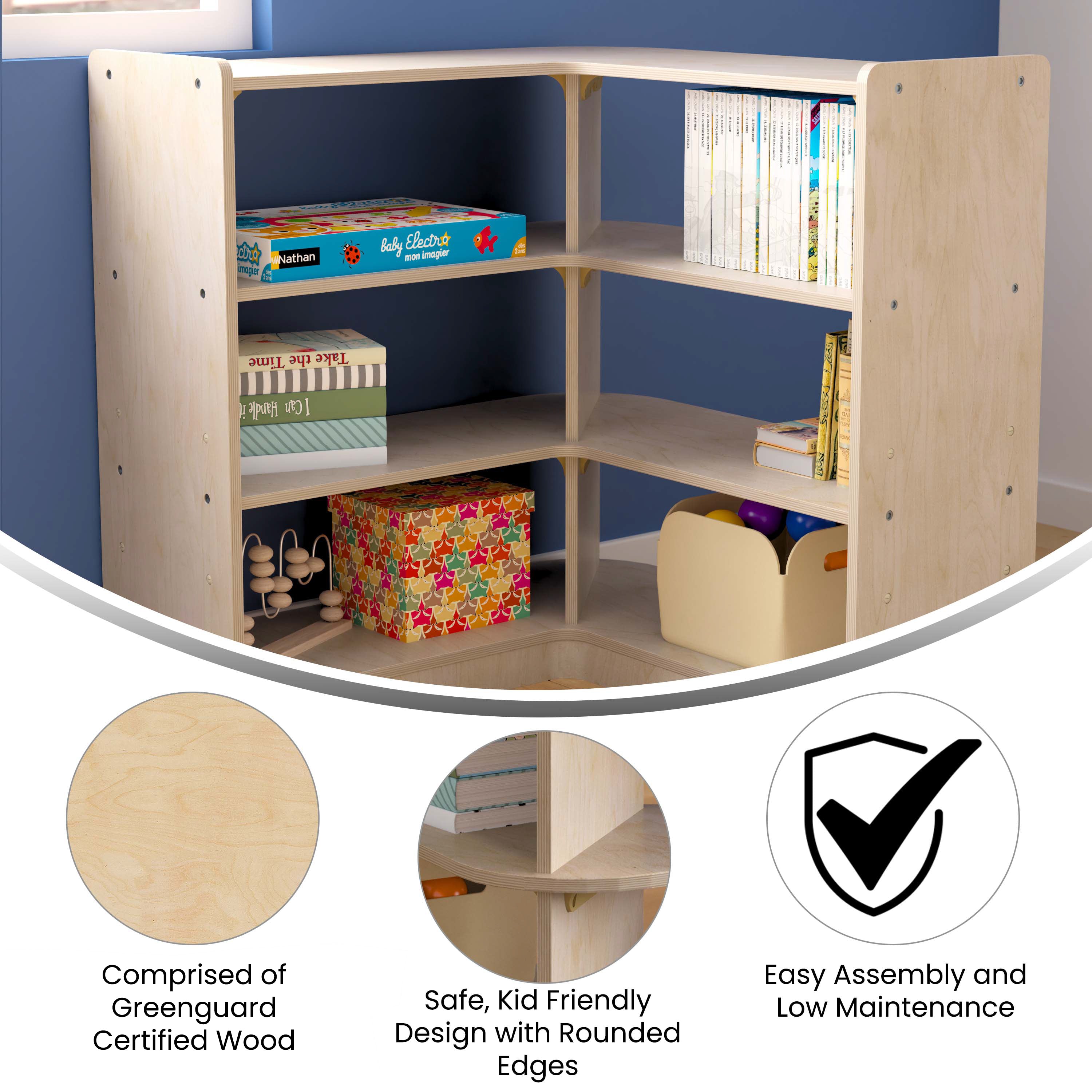 Bright Beginnings Commercial Grade 3 Tier Wooden Classroom Open Corner Storage Unit, Safe, Kid Friendly Design, Natural