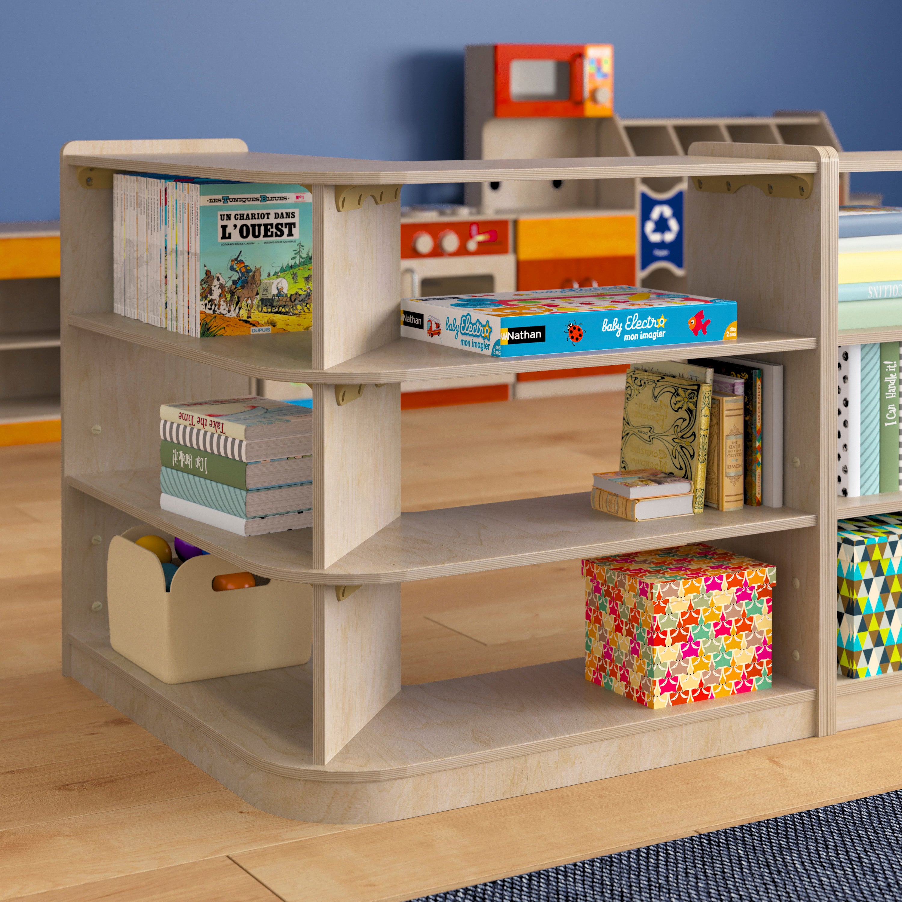 Bright Beginnings Commercial Grade 3 Tier Wooden Classroom Open Corner Storage Unit, Safe, Kid Friendly Design, Natural