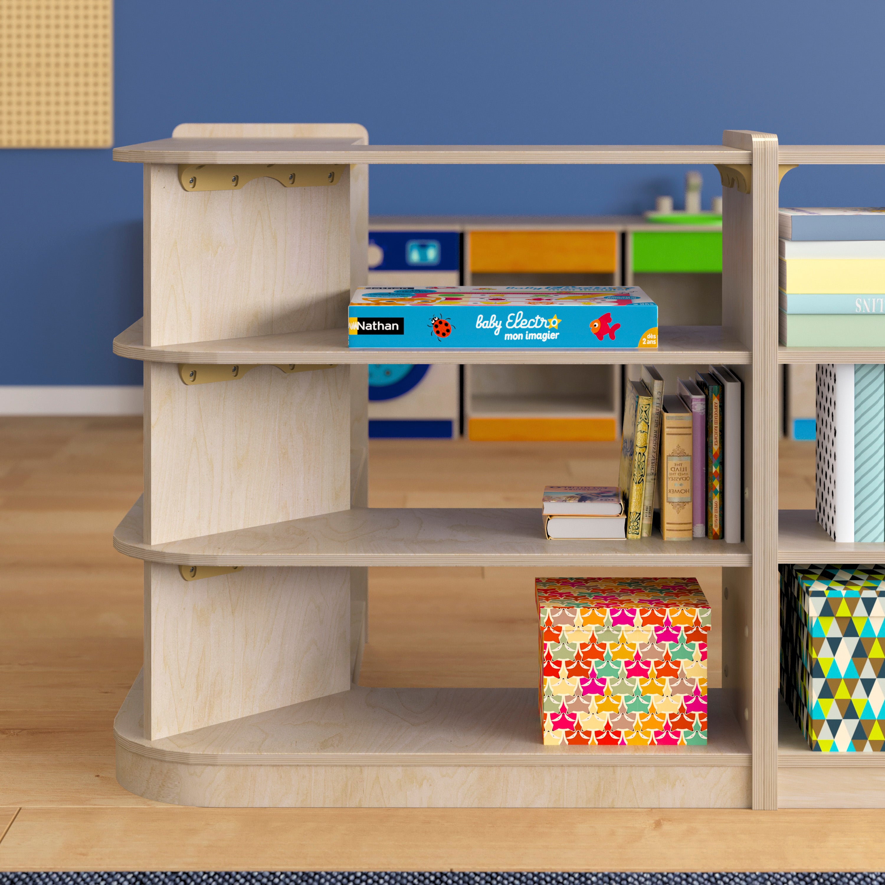 Bright Beginnings Commercial Grade 3 Tier Wooden Classroom Open Corner Storage Unit, Safe, Kid Friendly Design, Natural