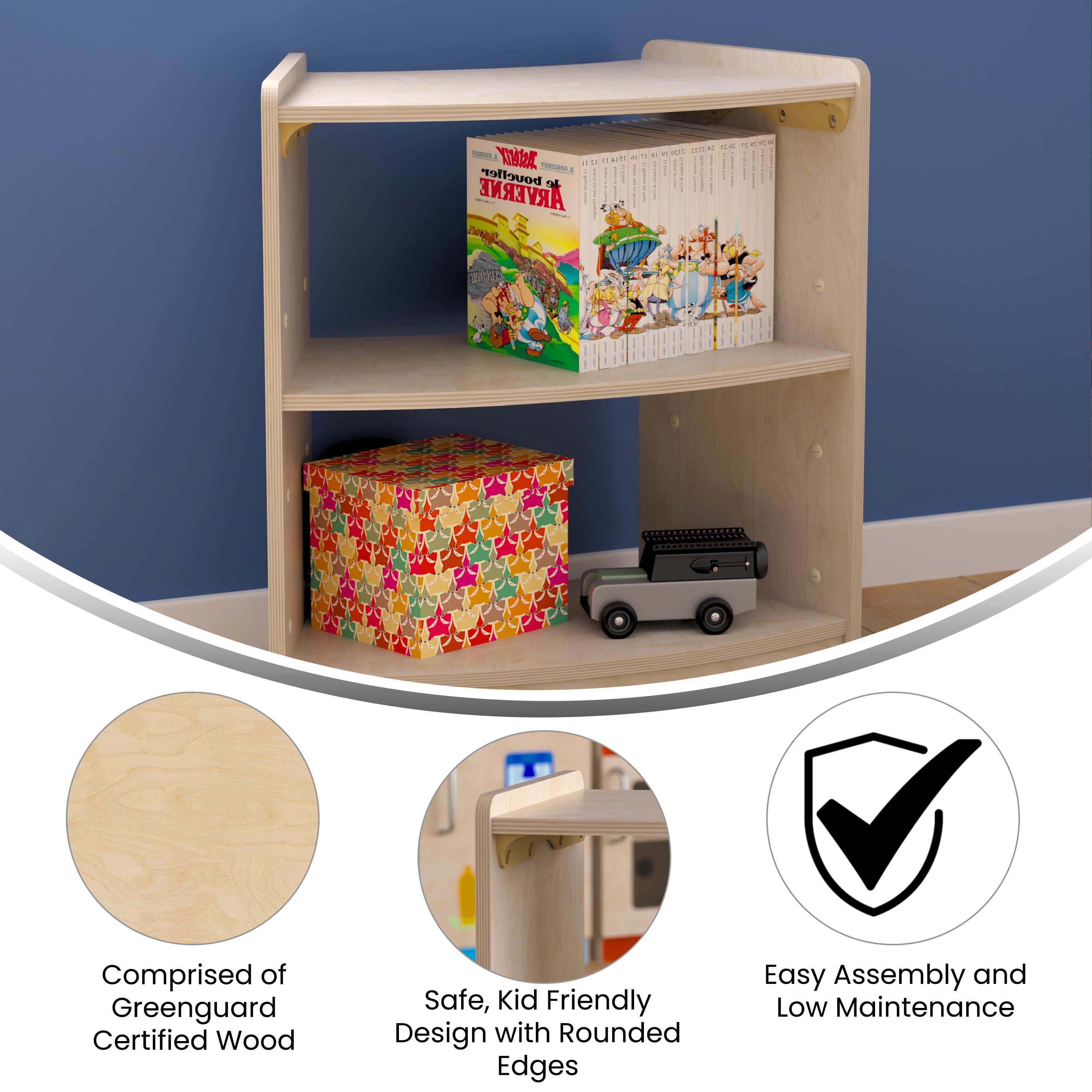 Bright Beginnings Commercial Grade Bow Front 2 Tier Wooden Classroom Open Corner Storage Unit, Safe, Kid Friendly Design, Natural