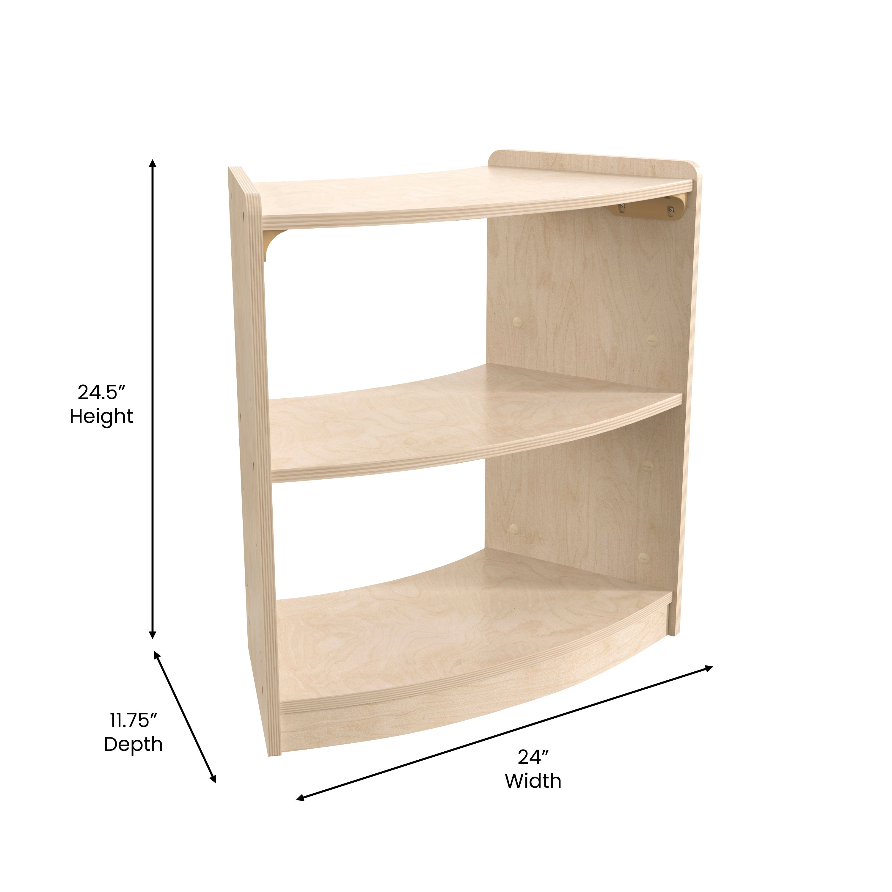 Bright Beginnings Commercial Grade Bow Front 2 Tier Wooden Classroom Open Corner Storage Unit, Safe, Kid Friendly Design, Natural