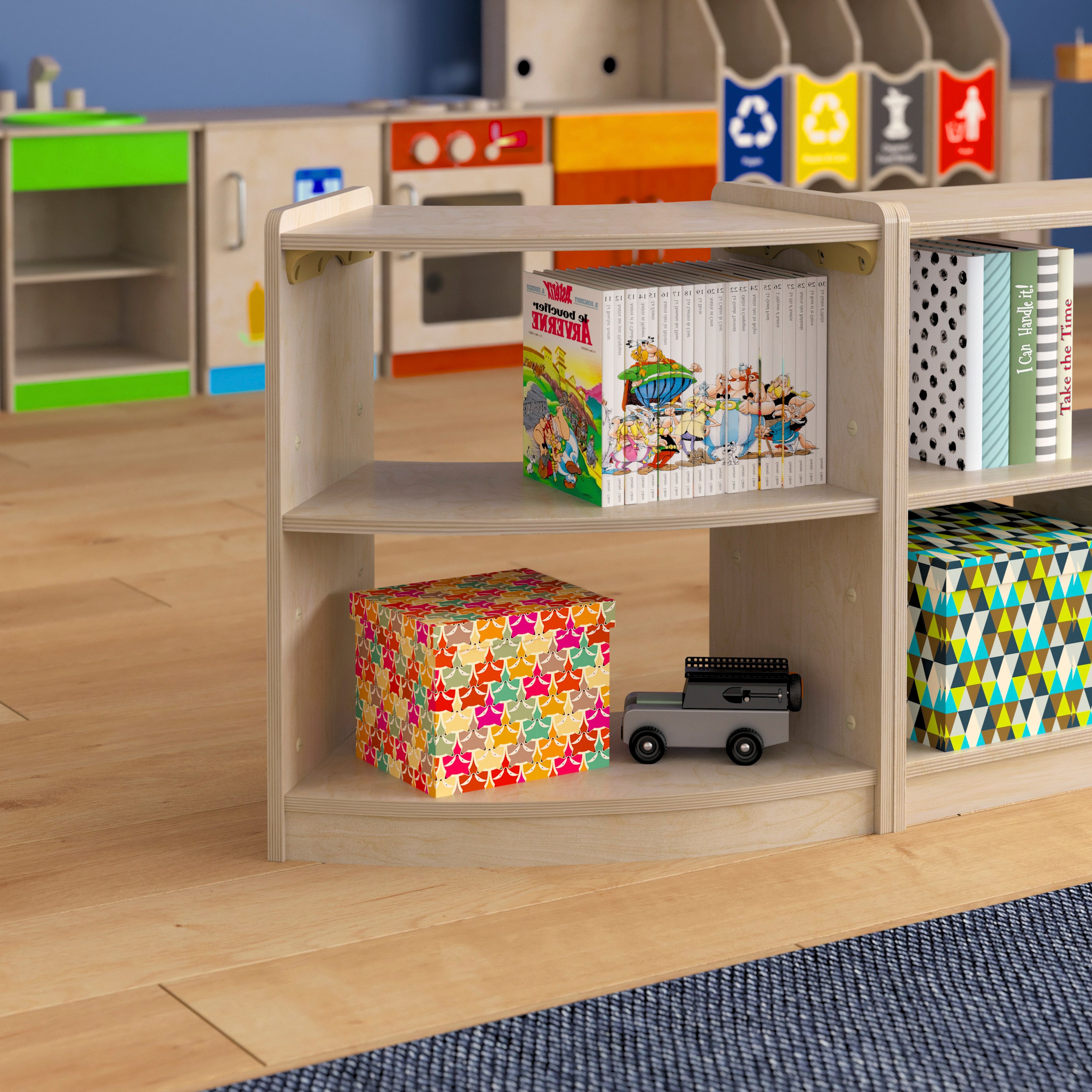 Bright Beginnings Commercial Grade Bow Front 2 Tier Wooden Classroom Open Corner Storage Unit, Safe, Kid Friendly Design, Natural