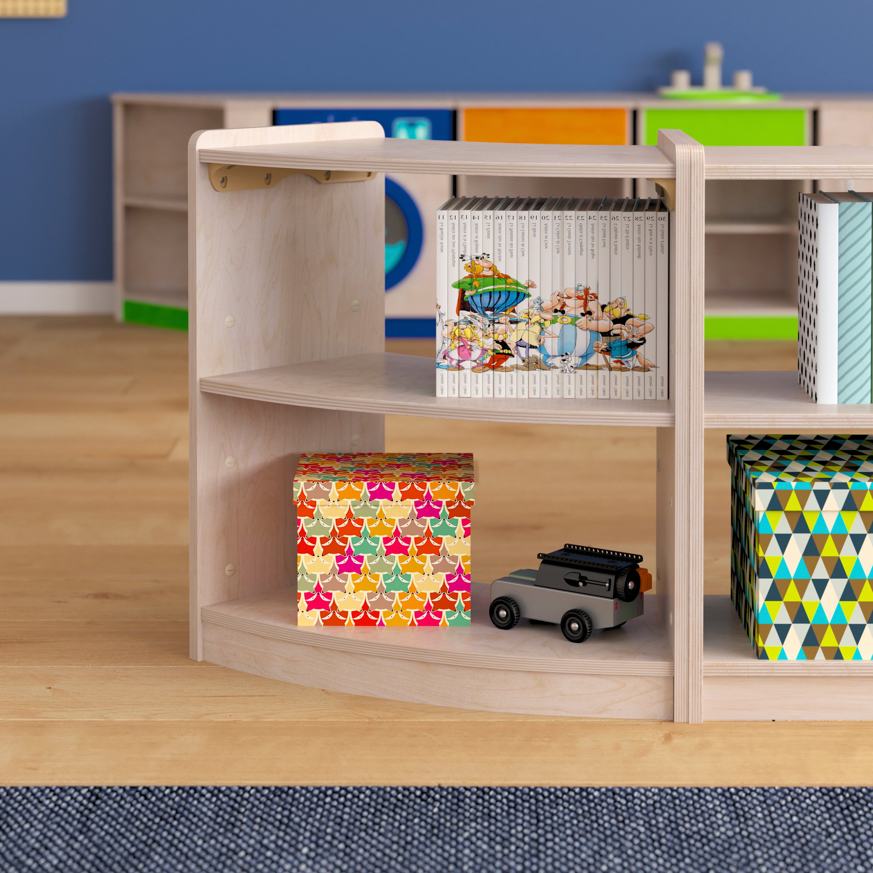 Bright Beginnings Commercial Grade Bow Front 2 Tier Wooden Classroom Open Corner Storage Unit, Safe, Kid Friendly Design, Natural