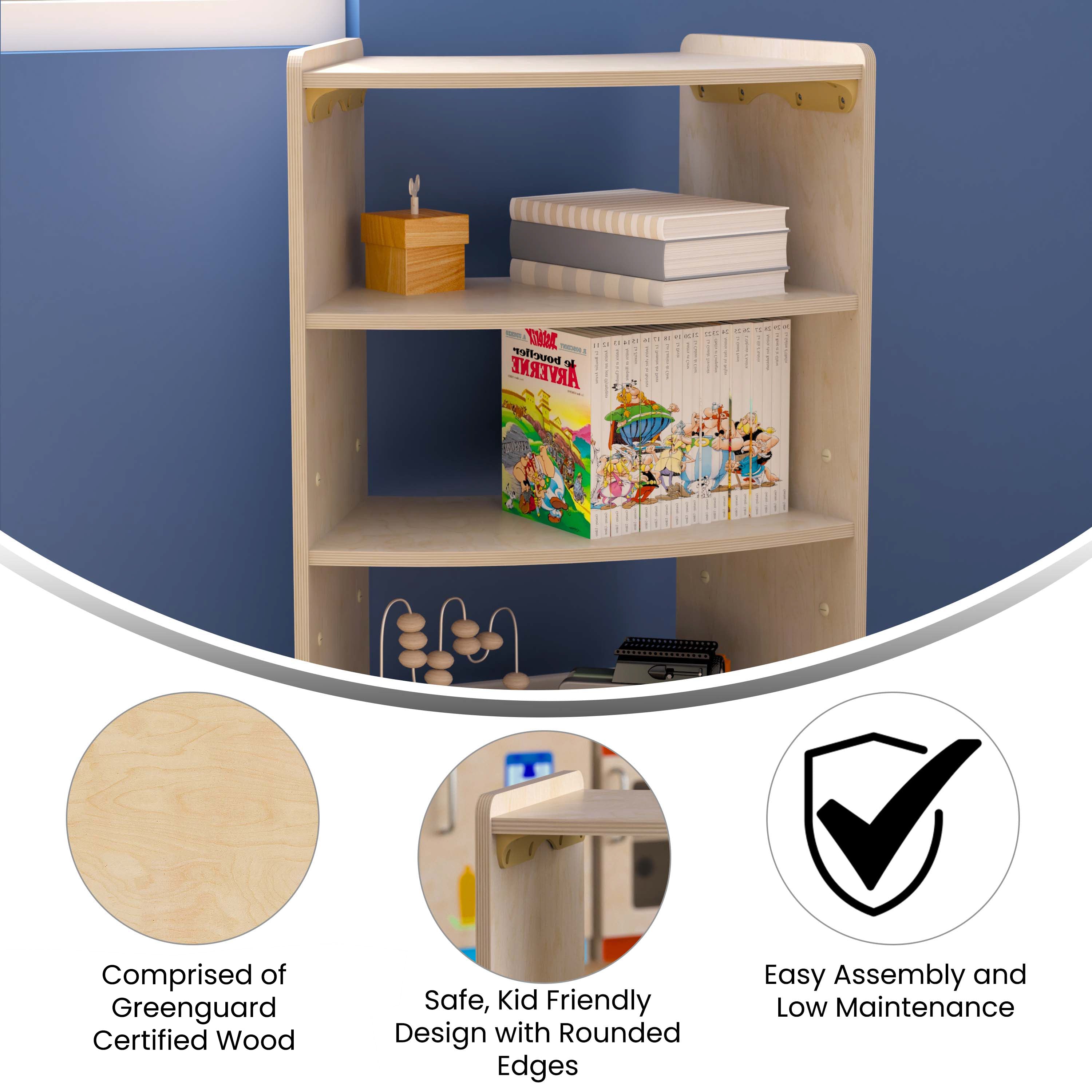 Bright Beginnings Commercial Grade Bow Front 3 Tier Wooden Classroom Open Corner Storage Unit, Safe, Kid Friendly Design, Natural