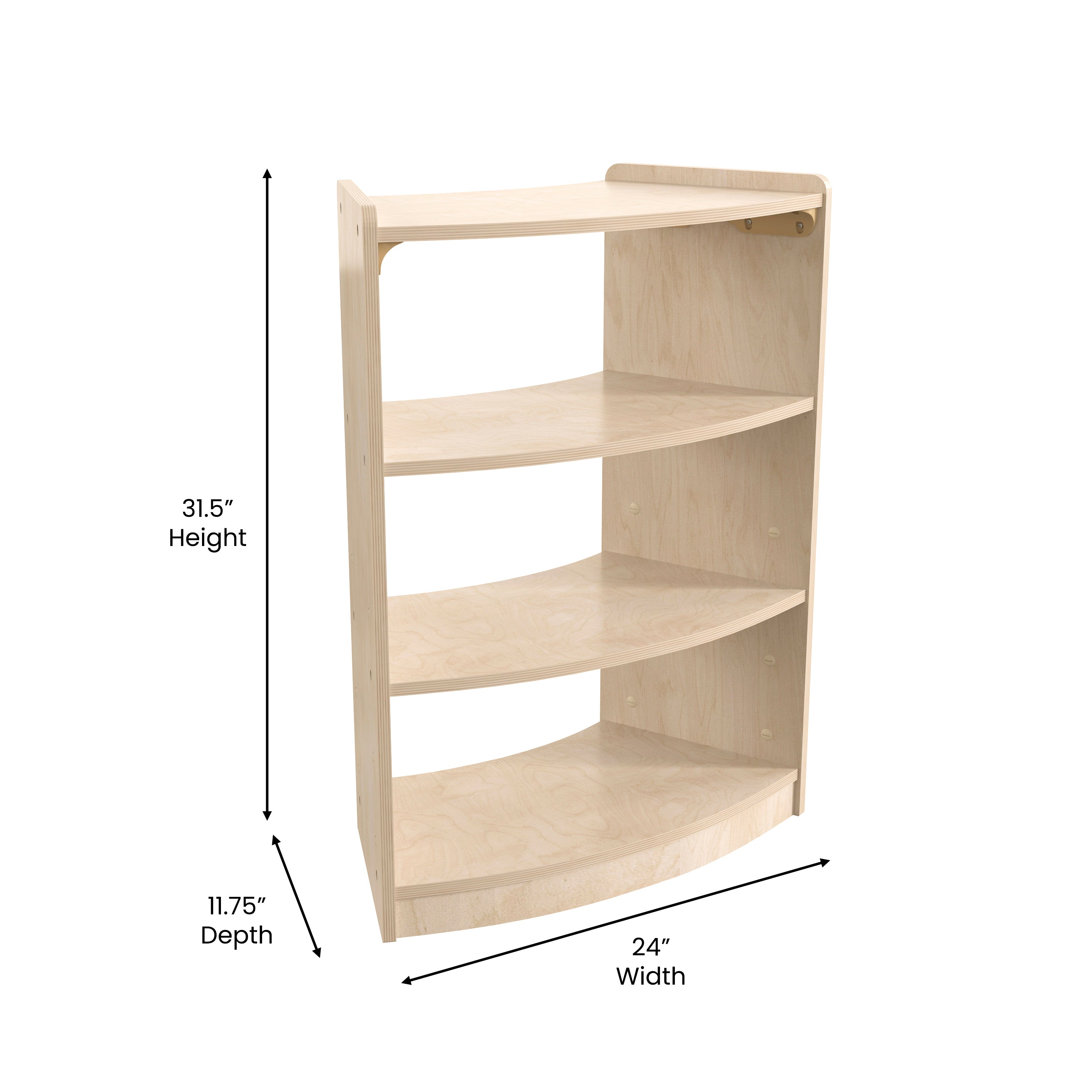 Bright Beginnings Commercial Grade Bow Front 3 Tier Wooden Classroom Open Corner Storage Unit, Safe, Kid Friendly Design, Natural