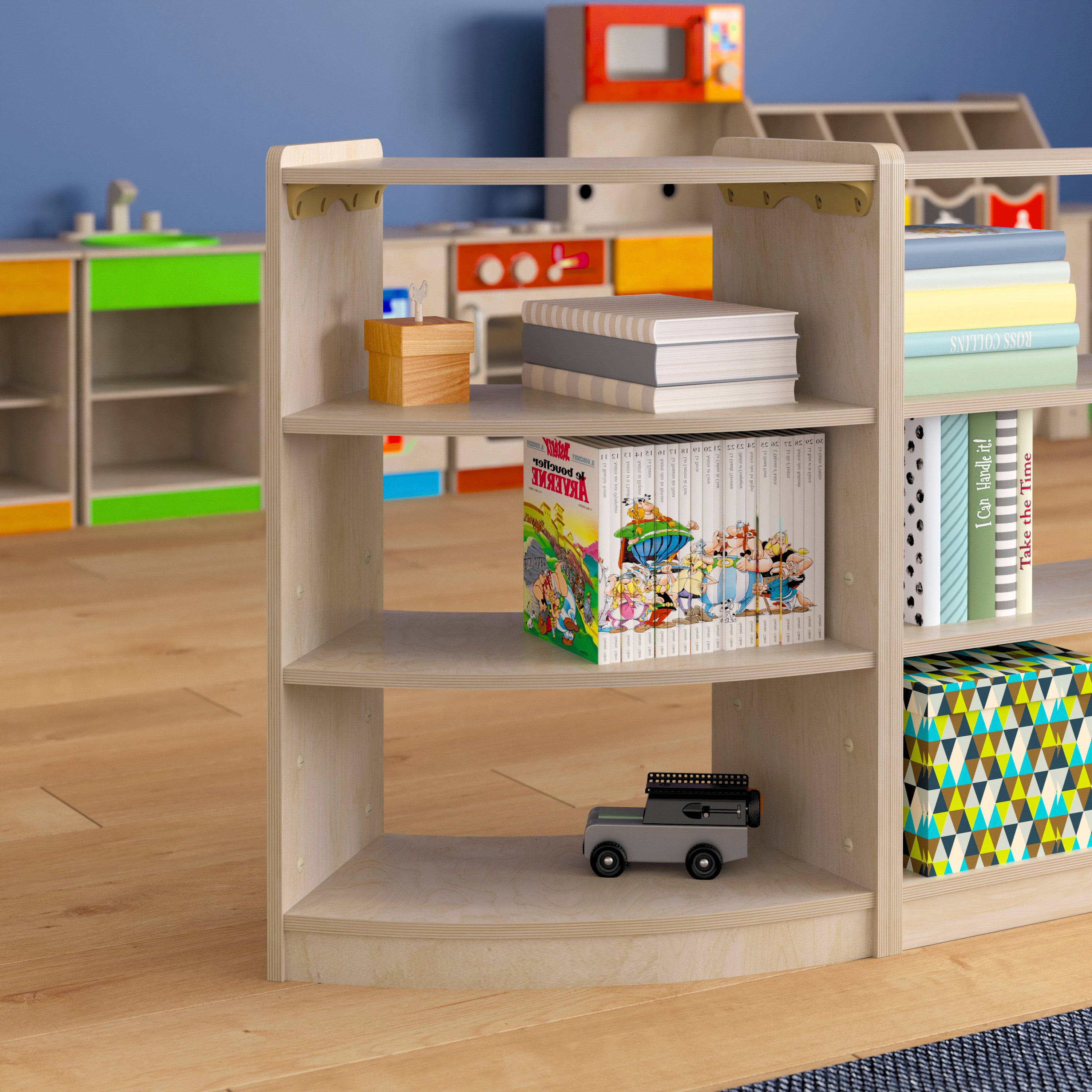 Bright Beginnings Commercial Grade Bow Front 3 Tier Wooden Classroom Open Corner Storage Unit, Safe, Kid Friendly Design, Natural