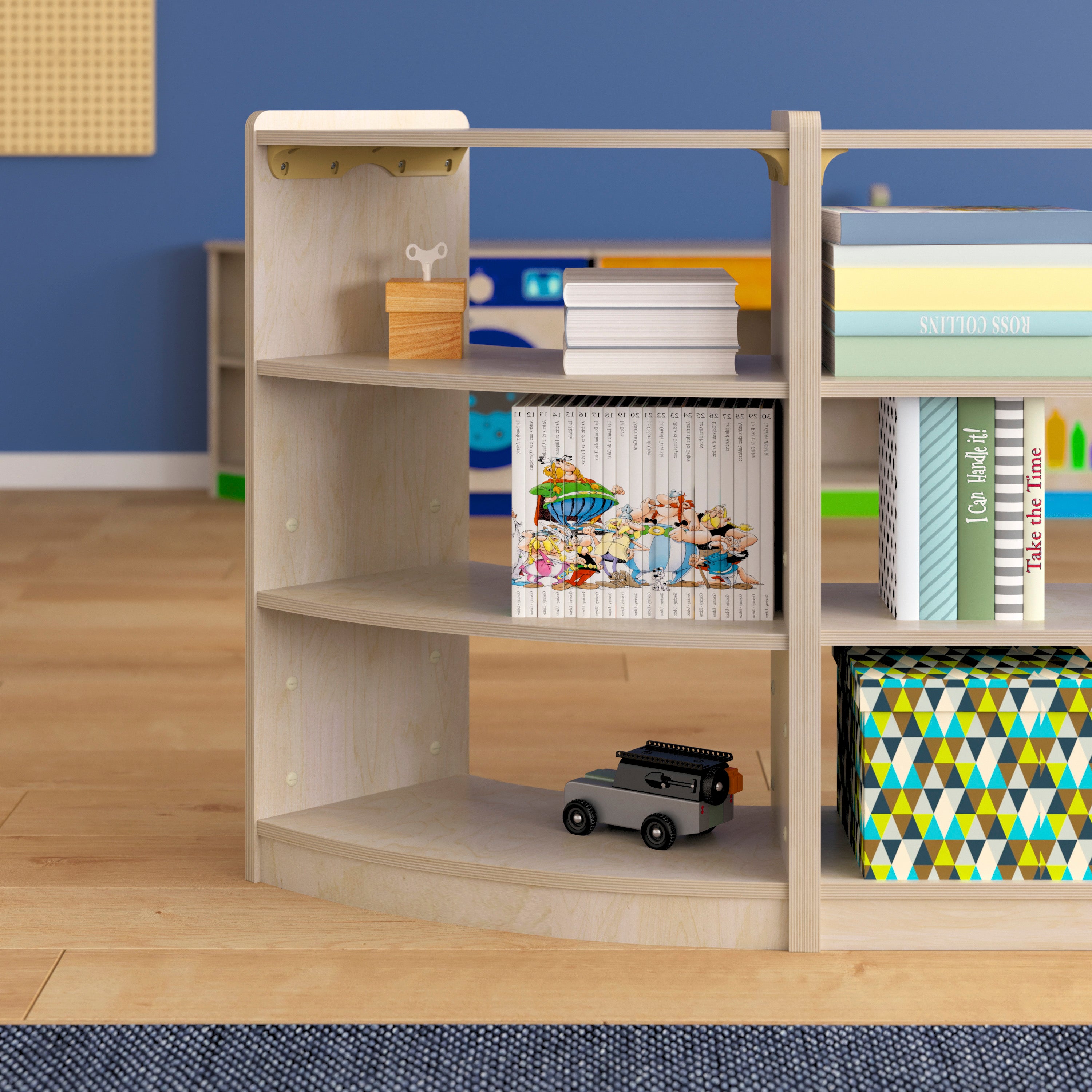 Bright Beginnings Commercial Grade Bow Front 3 Tier Wooden Classroom Open Corner Storage Unit, Safe, Kid Friendly Design, Natural