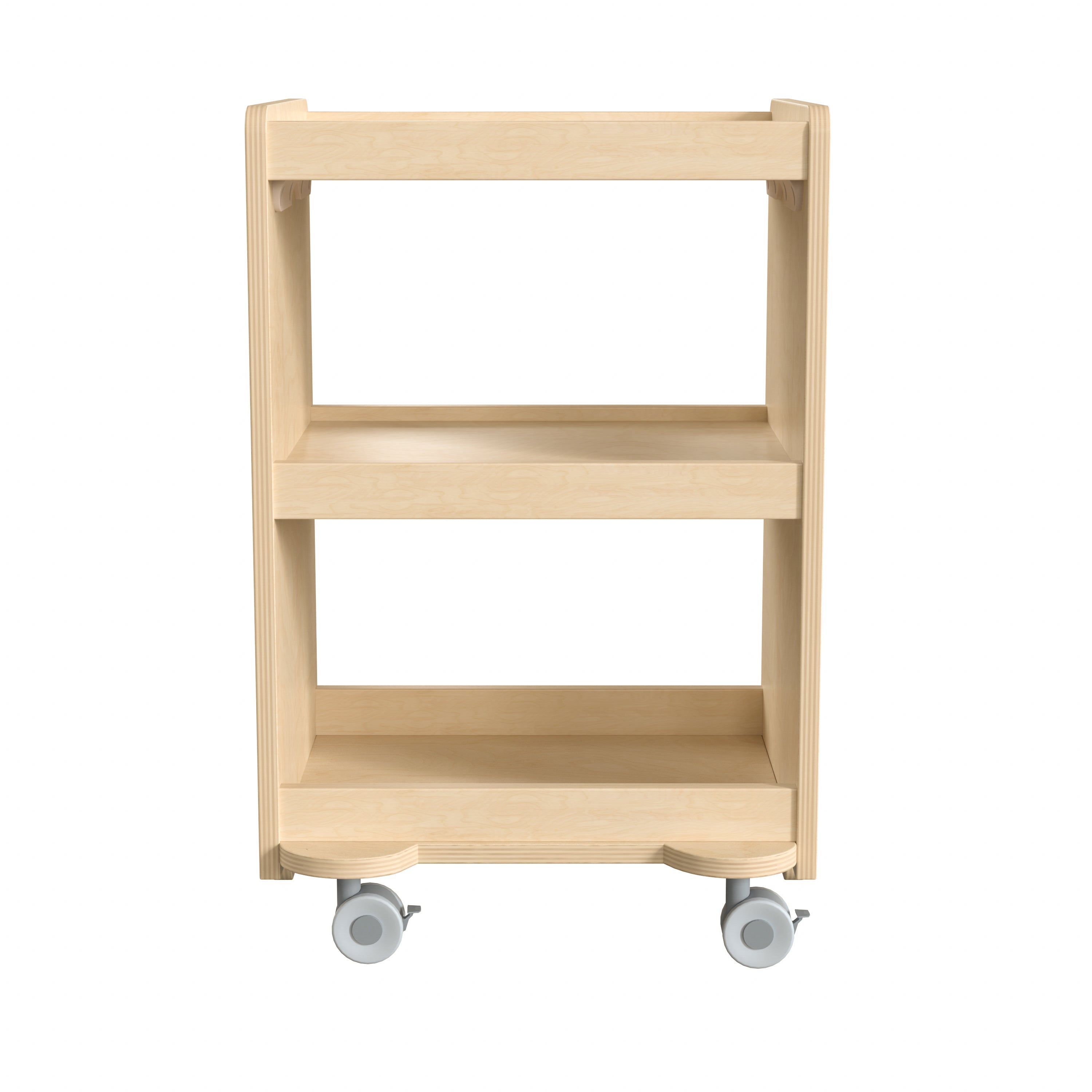 Bright Beginnings Commercial Wooden Mobile Storage Cart with 3 Storage Tiers and Locking Caster Wheels, Natural