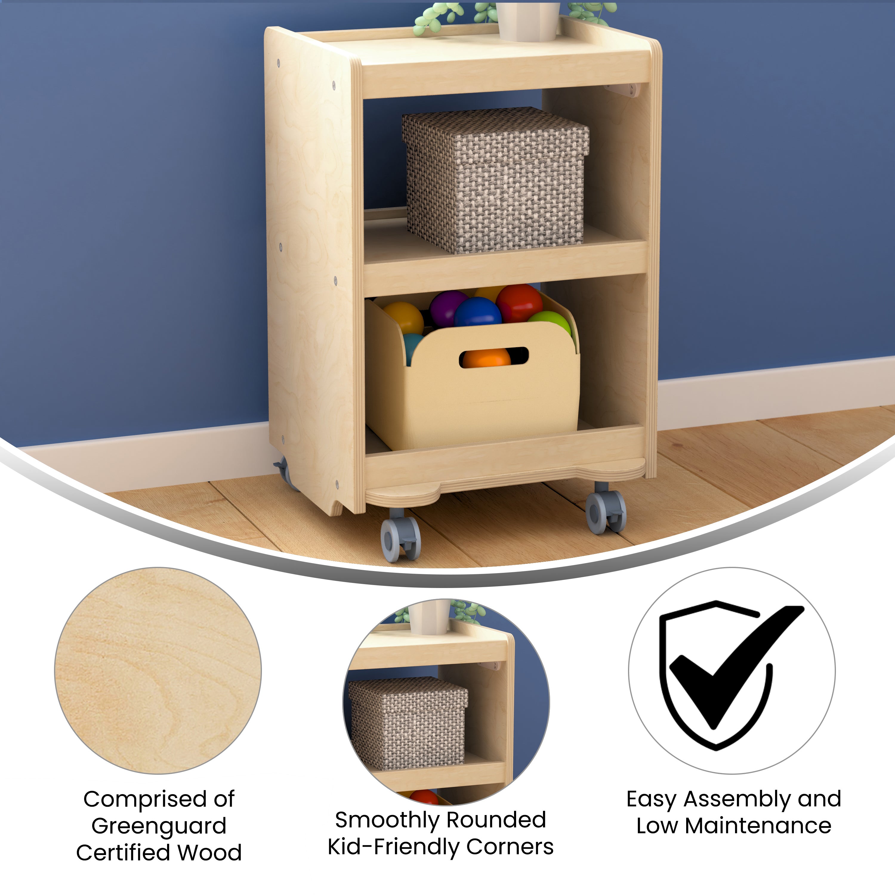 Bright Beginnings Commercial Wooden Mobile Storage Cart with 3 Storage Tiers and Locking Caster Wheels, Natural