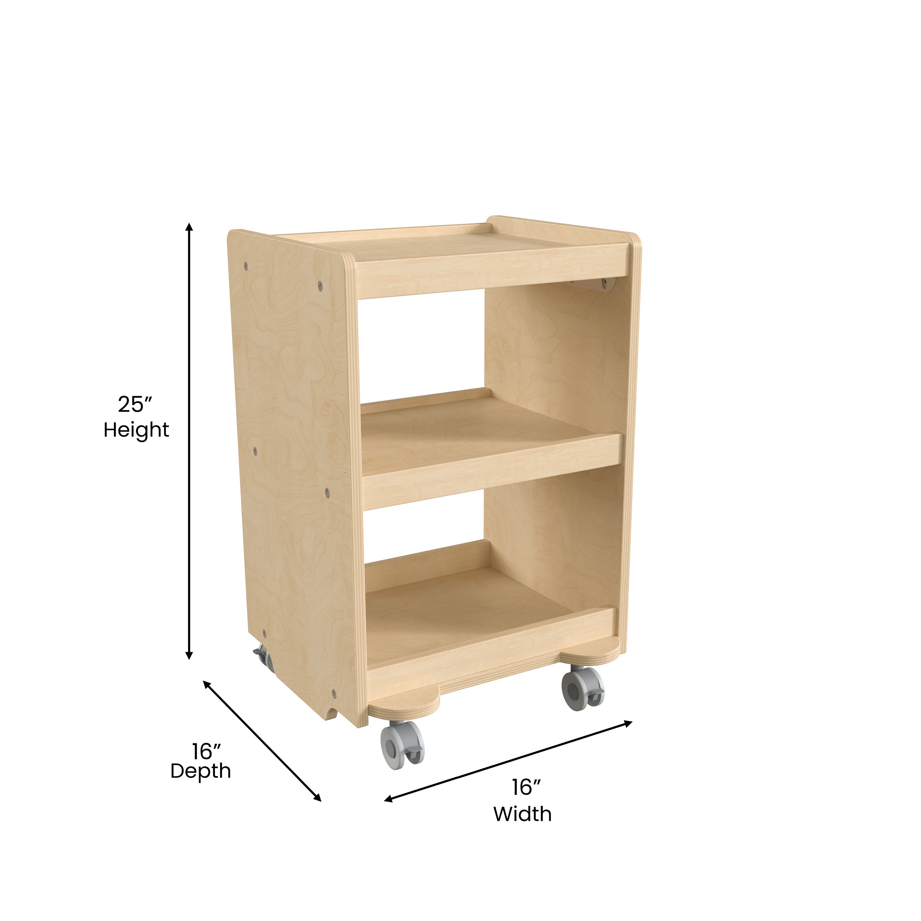Bright Beginnings Commercial Wooden Mobile Storage Cart with 3 Storage Tiers and Locking Caster Wheels, Natural