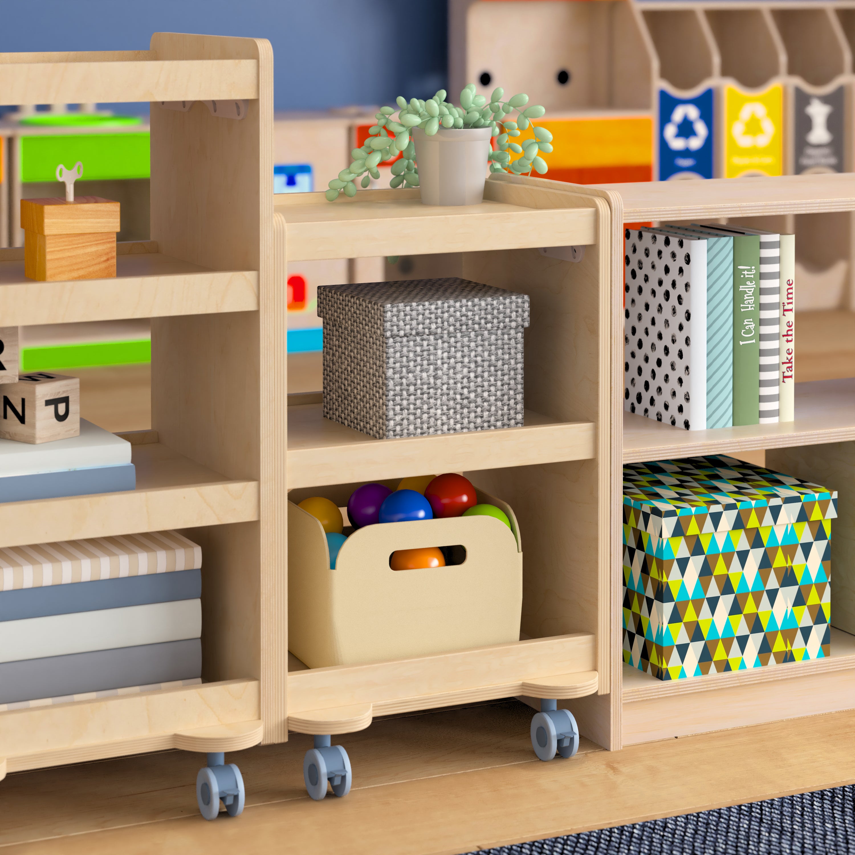 Bright Beginnings Commercial Wooden Mobile Storage Cart with 3 Storage Tiers and Locking Caster Wheels, Natural