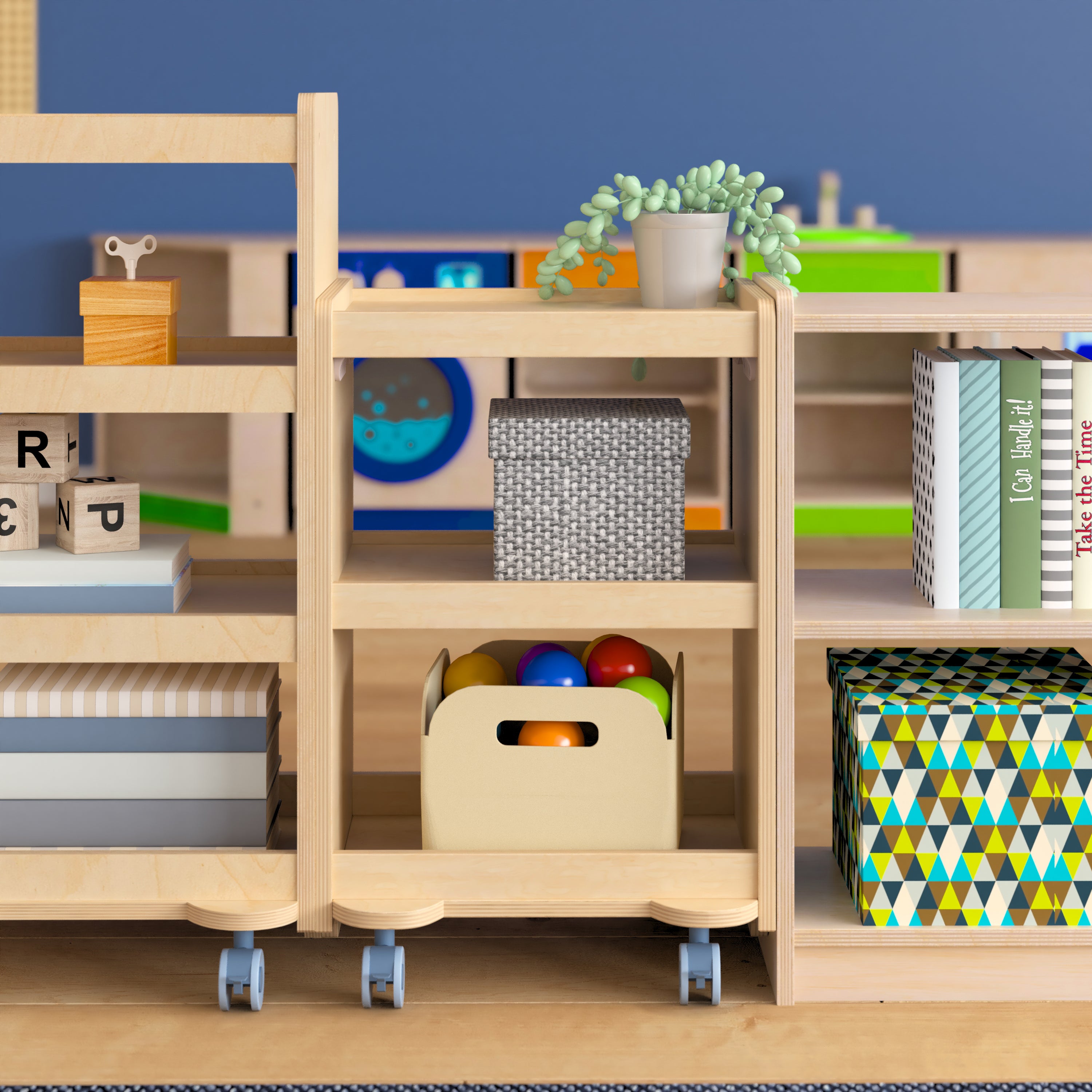 Bright Beginnings Commercial Wooden Mobile Storage Cart with 3 Storage Tiers and Locking Caster Wheels, Natural