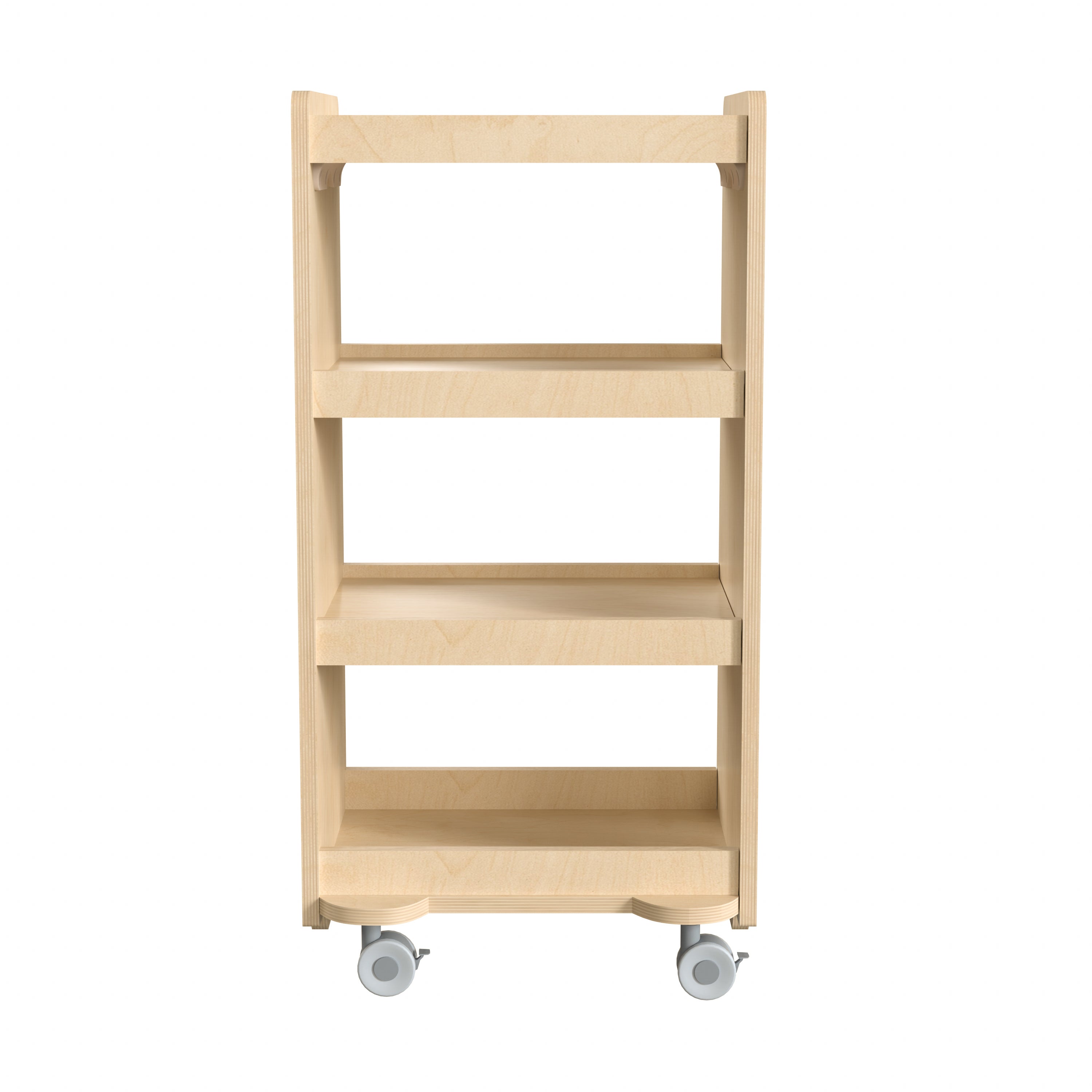 Bright Beginnings Commercial Wooden Mobile Storage Cart with 4 Storage Tiers and Locking Caster Wheels, Natural