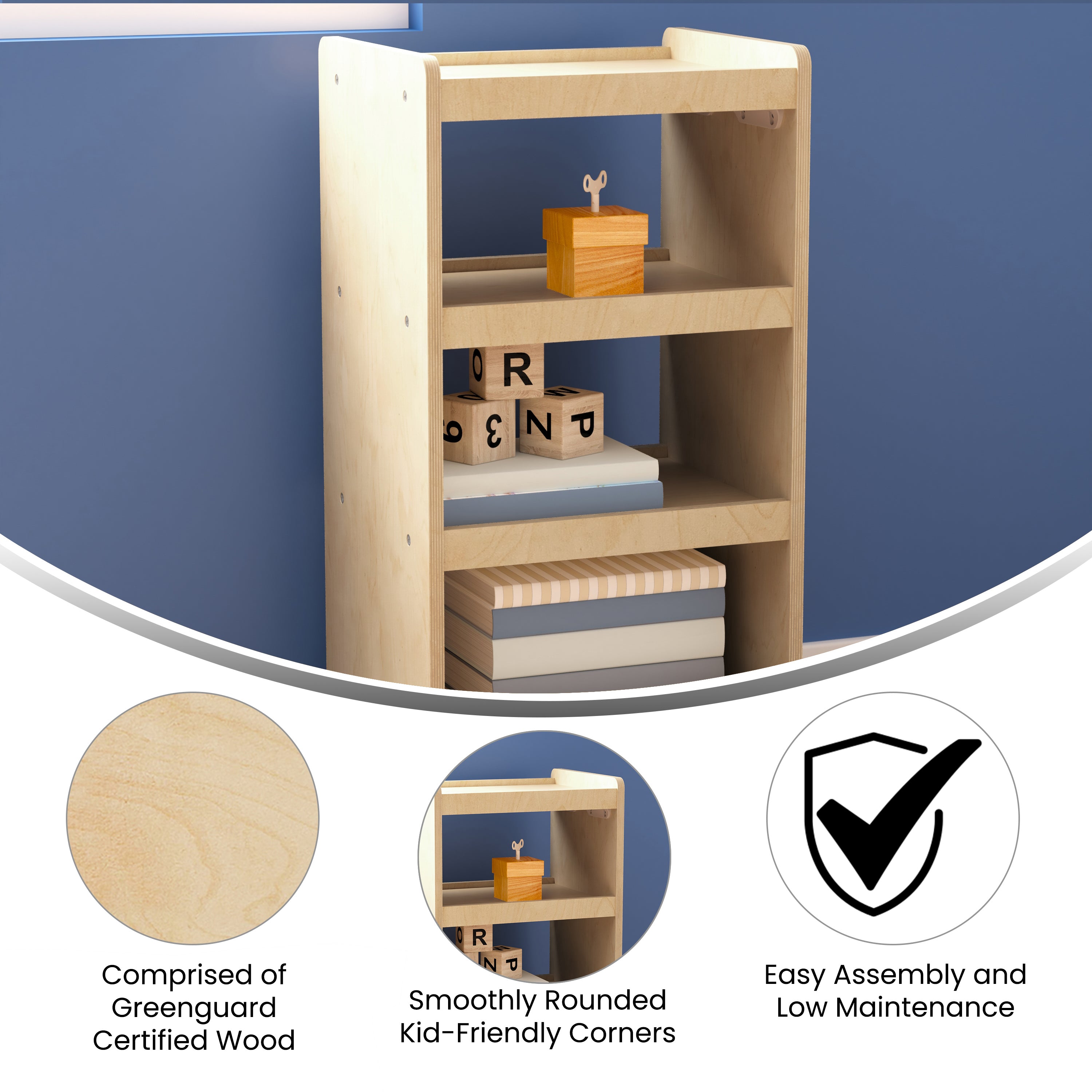 Bright Beginnings Commercial Wooden Mobile Storage Cart with 4 Storage Tiers and Locking Caster Wheels, Natural