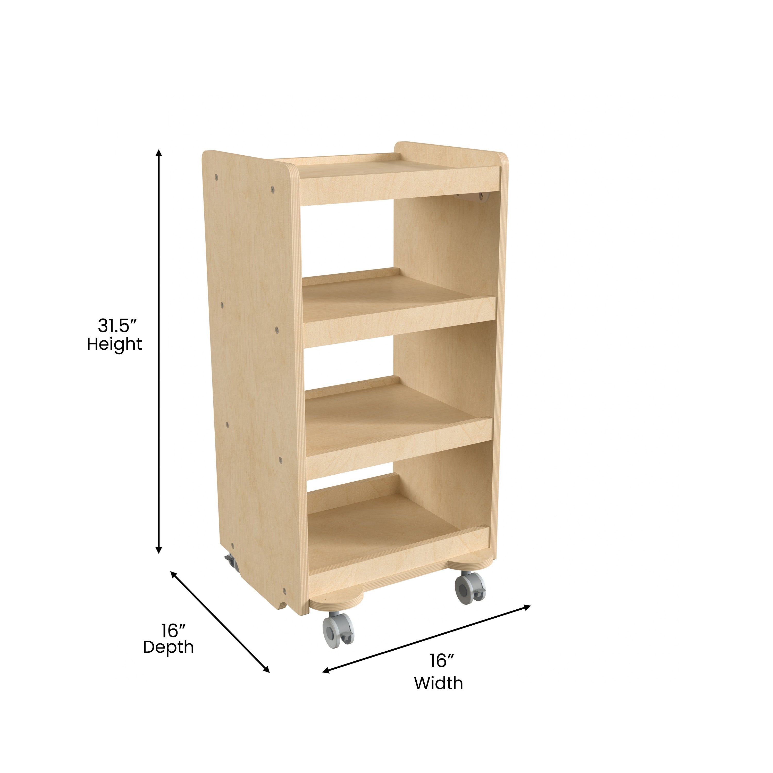 Bright Beginnings Commercial Wooden Mobile Storage Cart with 4 Storage Tiers and Locking Caster Wheels, Natural