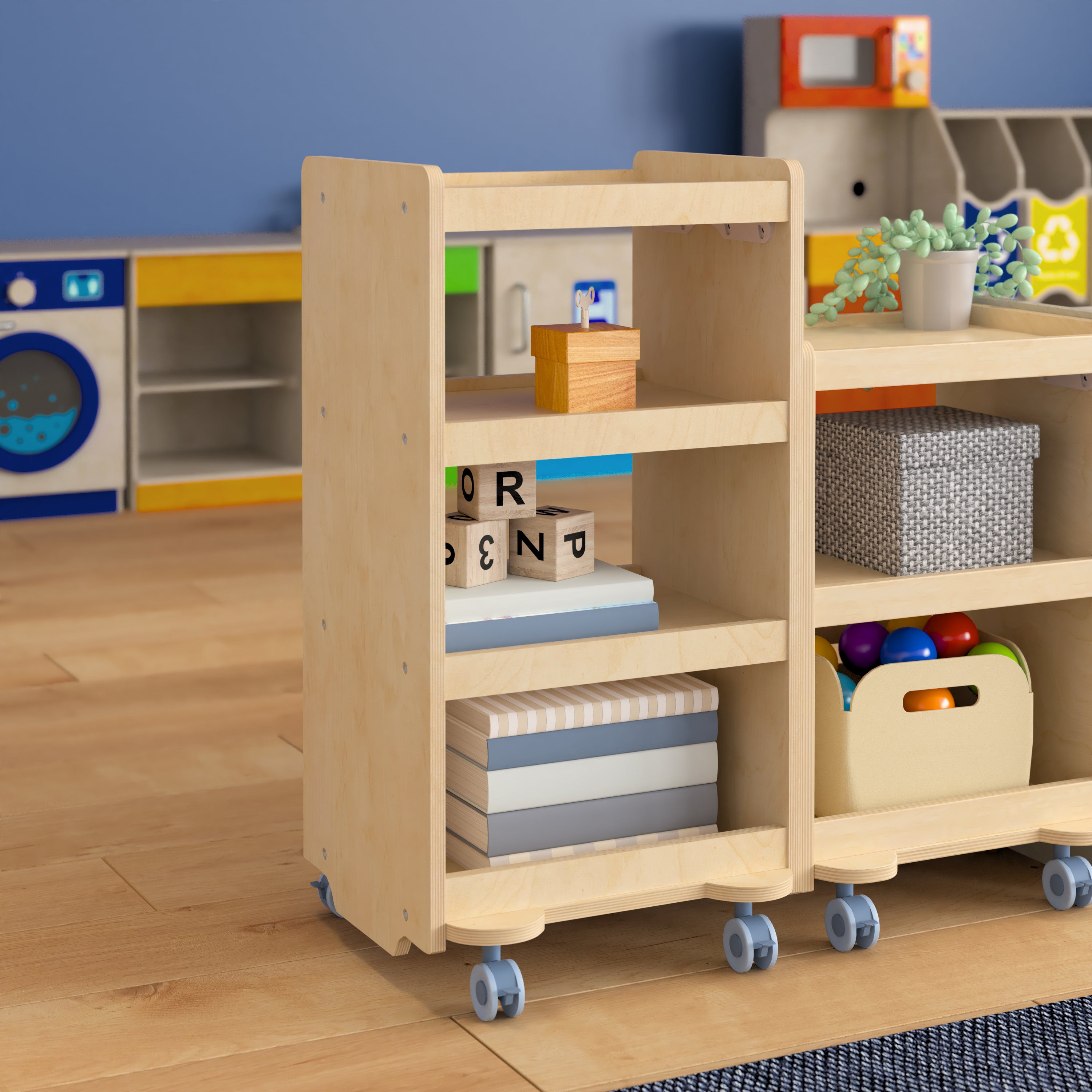 Bright Beginnings Commercial Wooden Mobile Storage Cart with 4 Storage Tiers and Locking Caster Wheels, Natural