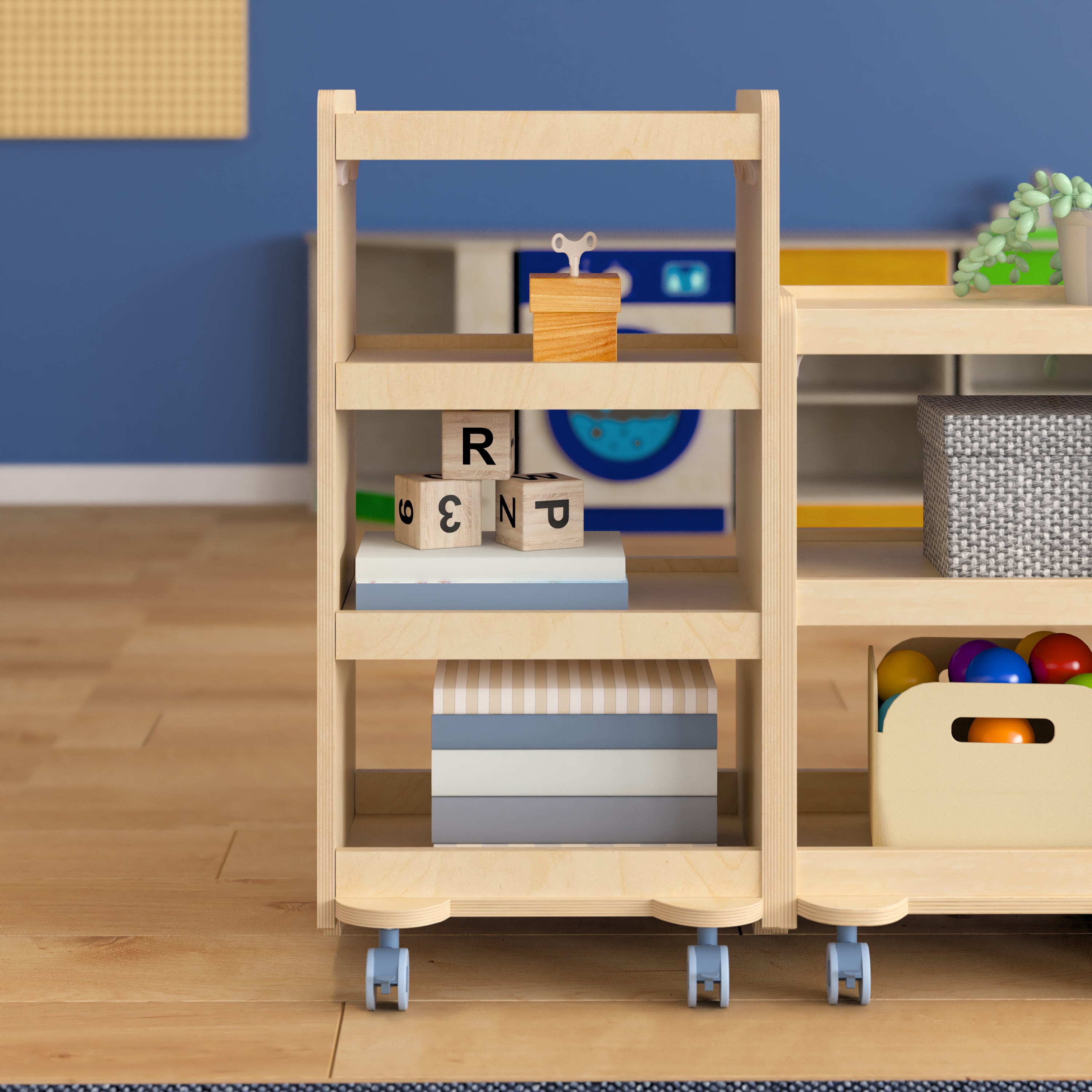 Bright Beginnings Commercial Wooden Mobile Storage Cart with 4 Storage Tiers and Locking Caster Wheels, Natural