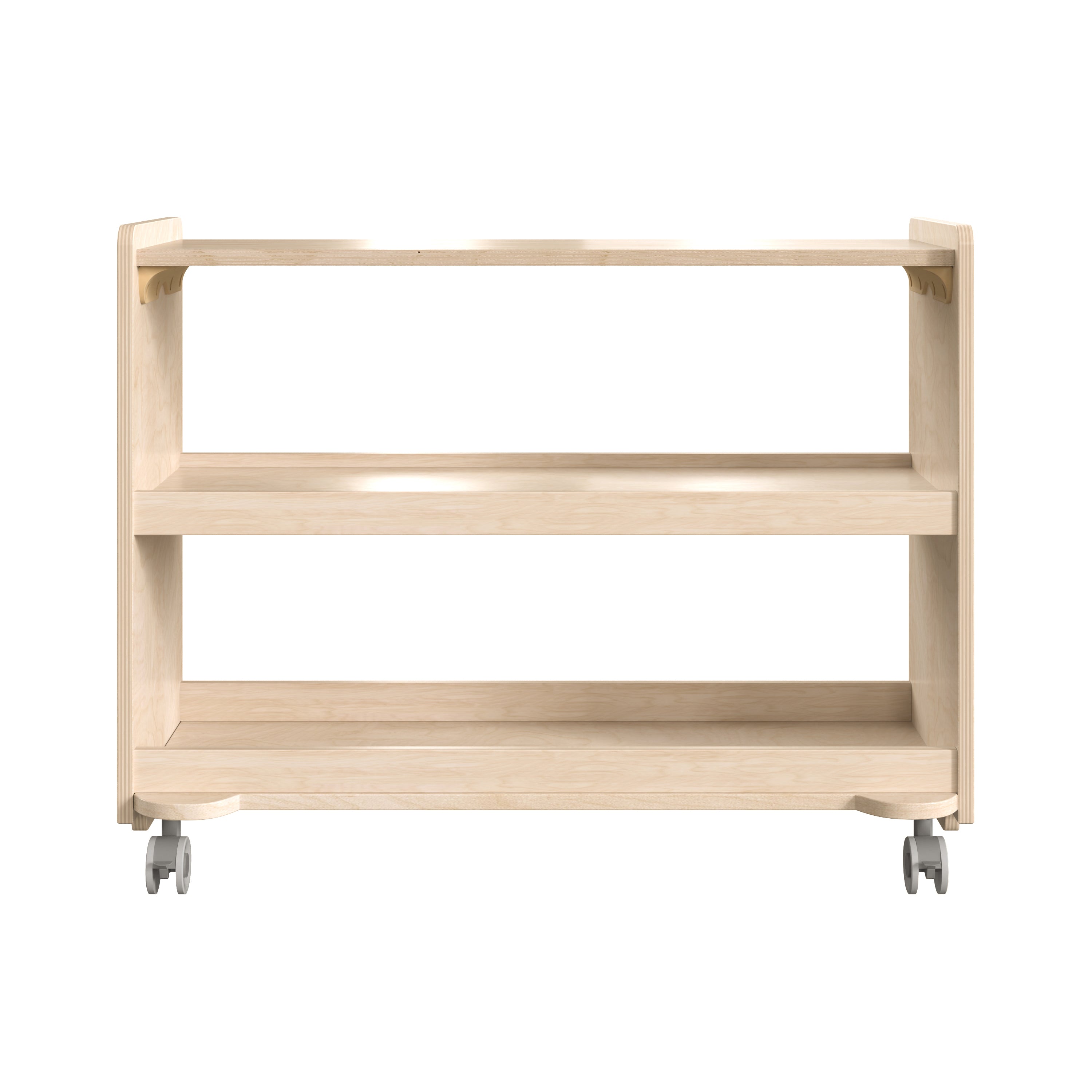 Bright Beginnings Commercial Grade Space Saving 3 Shelf Wooden Mobile Classroom Storage Cart with Locking Caster Wheels, Kid Friendly Design, Natural
