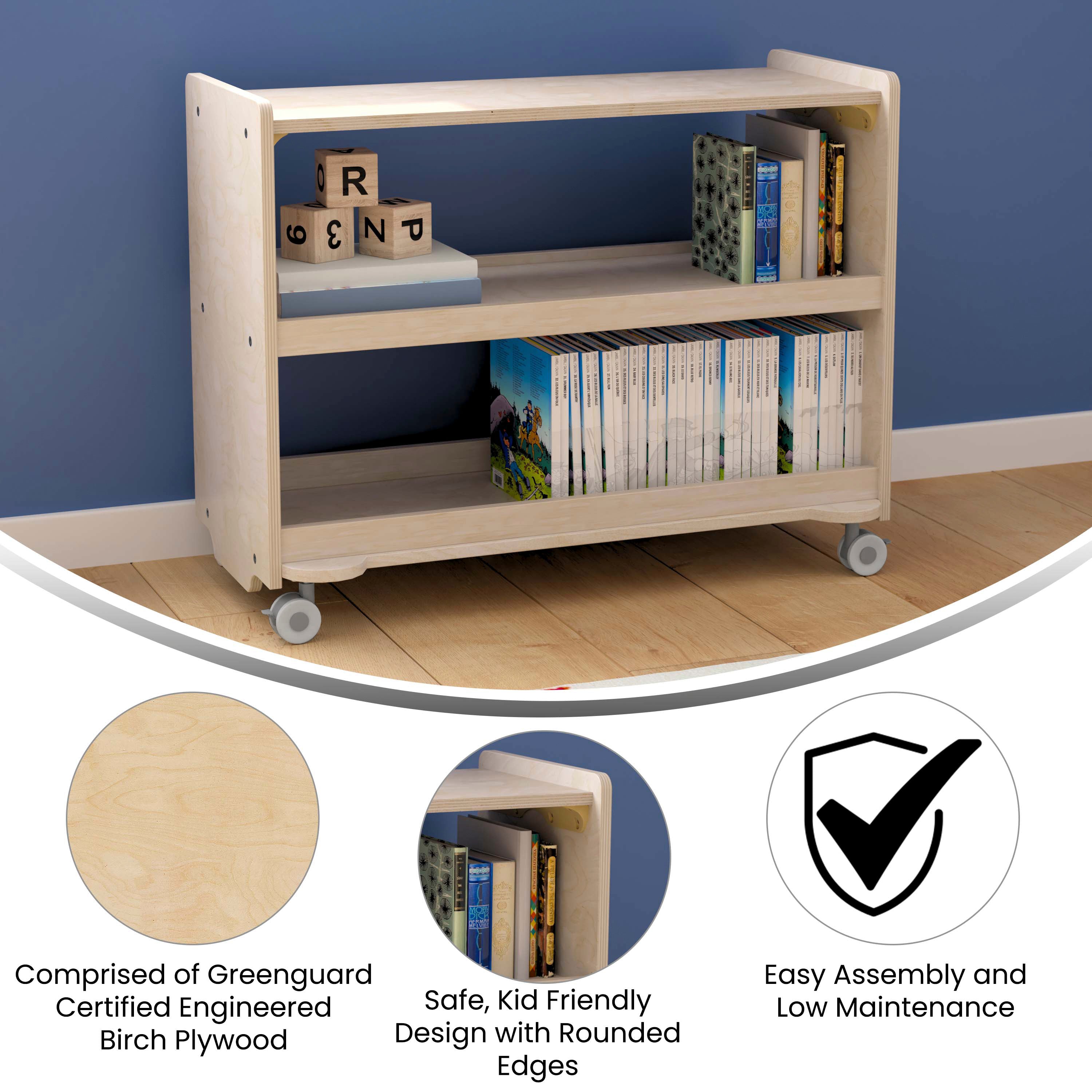 Bright Beginnings Commercial Grade Space Saving 3 Shelf Wooden Mobile Classroom Storage Cart with Locking Caster Wheels, Kid Friendly Design, Natural