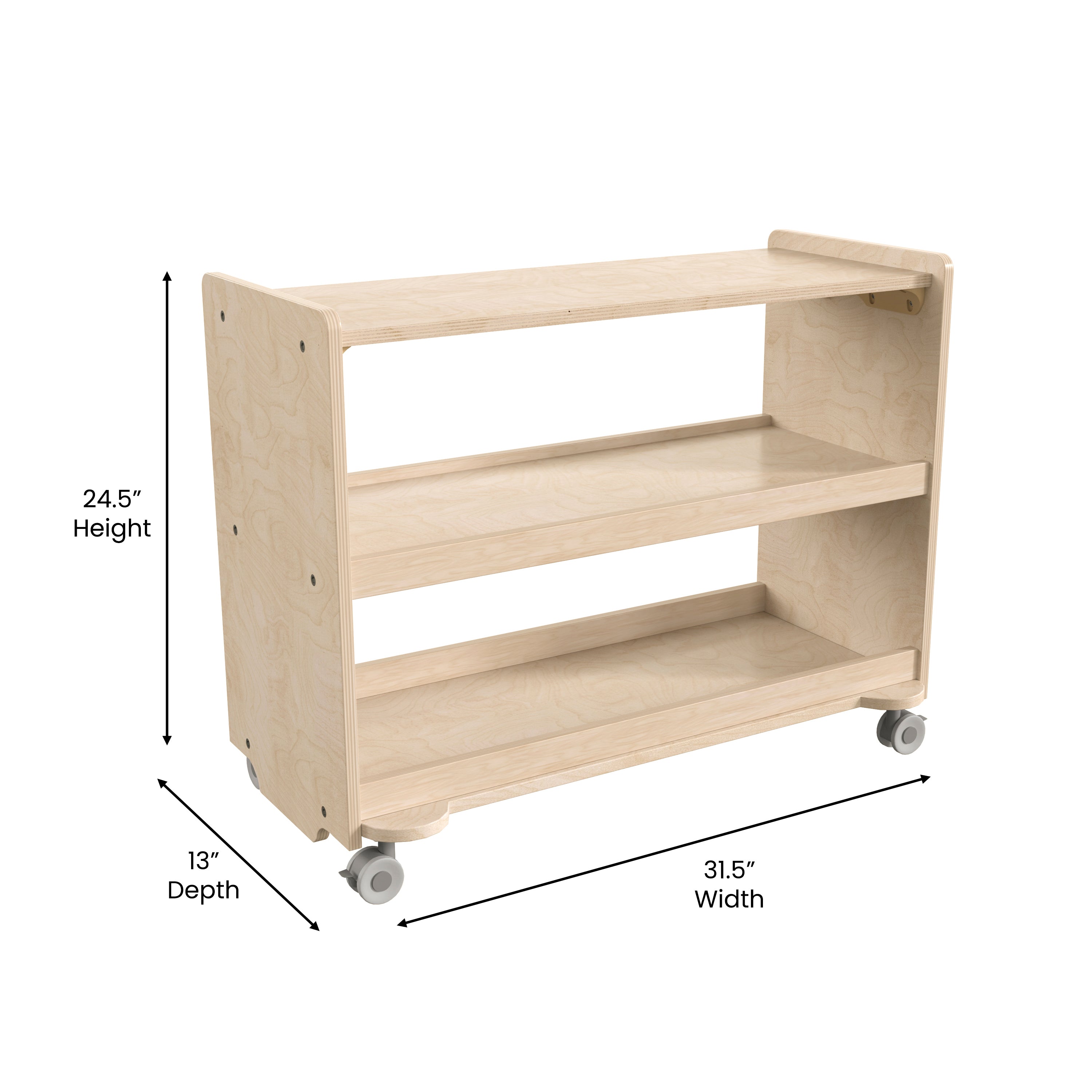 Bright Beginnings Commercial Grade Space Saving 3 Shelf Wooden Mobile Classroom Storage Cart with Locking Caster Wheels, Kid Friendly Design, Natural