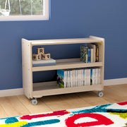Bright Beginnings Commercial Grade Space Saving 3 Shelf Wooden Mobile Classroom Storage Cart with Locking Caster Wheels, Kid Friendly Design, Natural