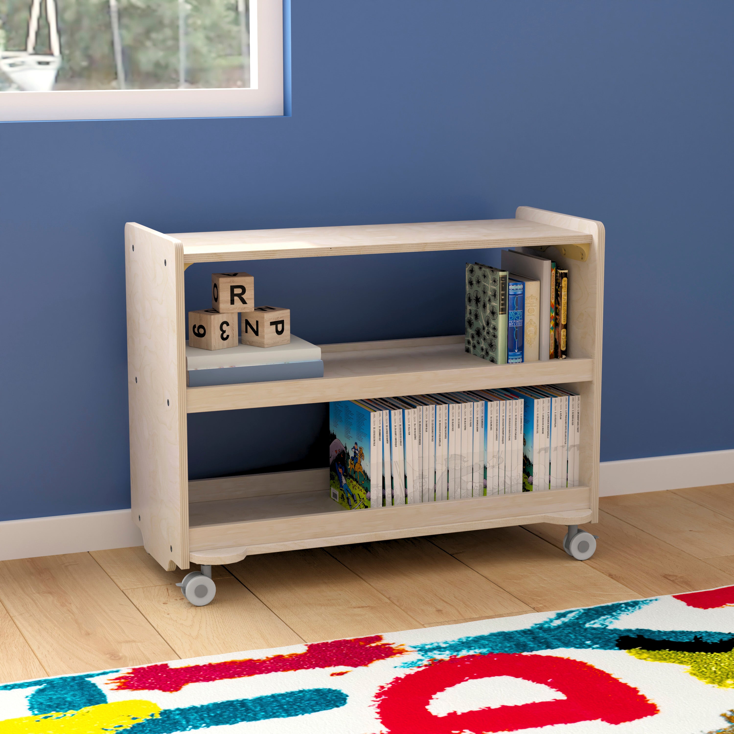 Bright Beginnings Commercial Grade Space Saving 3 Shelf Wooden Mobile Classroom Storage Cart with Locking Caster Wheels, Kid Friendly Design, Natural