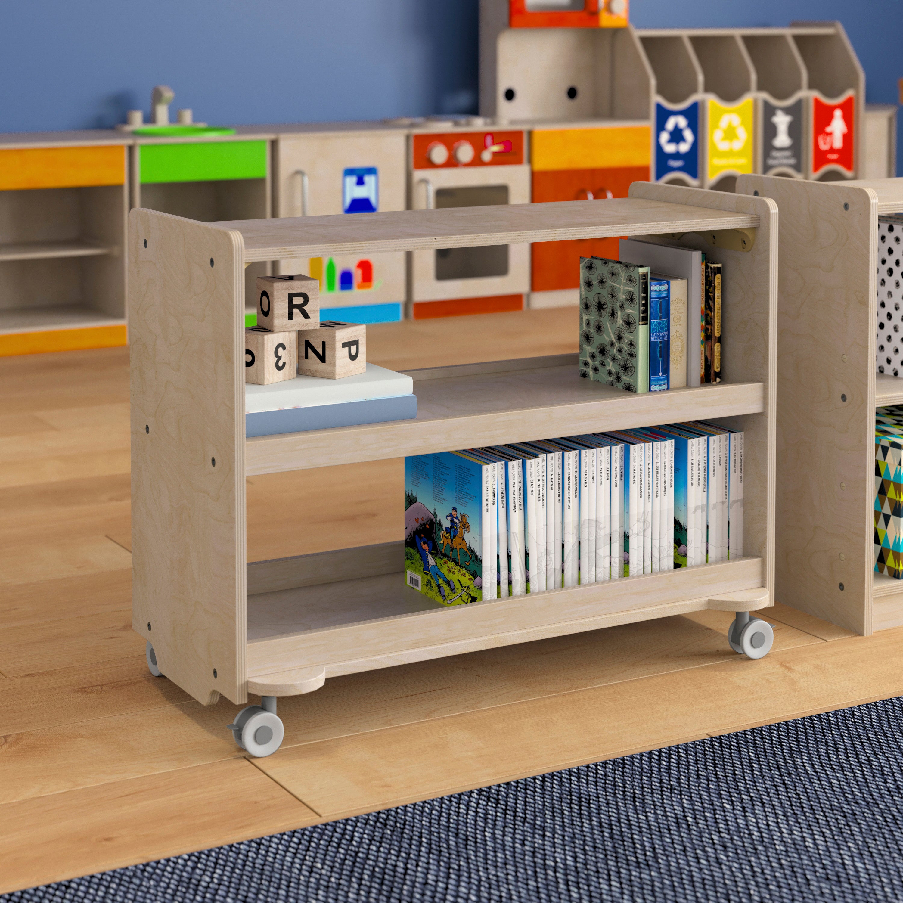 Bright Beginnings Commercial Grade Space Saving 3 Shelf Wooden Mobile Classroom Storage Cart with Locking Caster Wheels, Kid Friendly Design, Natural